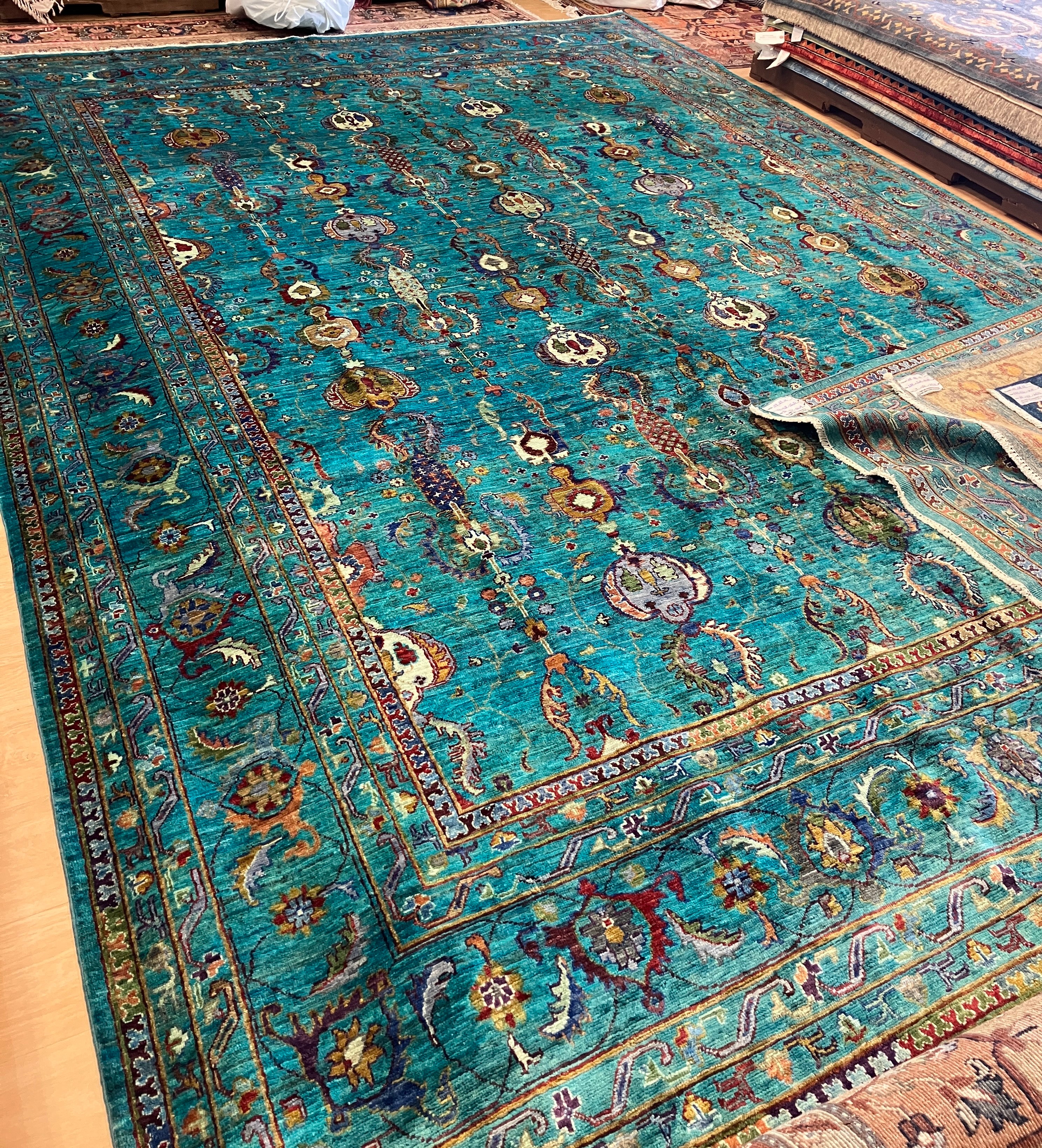 Persian Style Vase Design - 9' 07" x 13' 07" - Teal Turquoise Multicolor - Hand Knotted Transitional Wool Large Area Rug