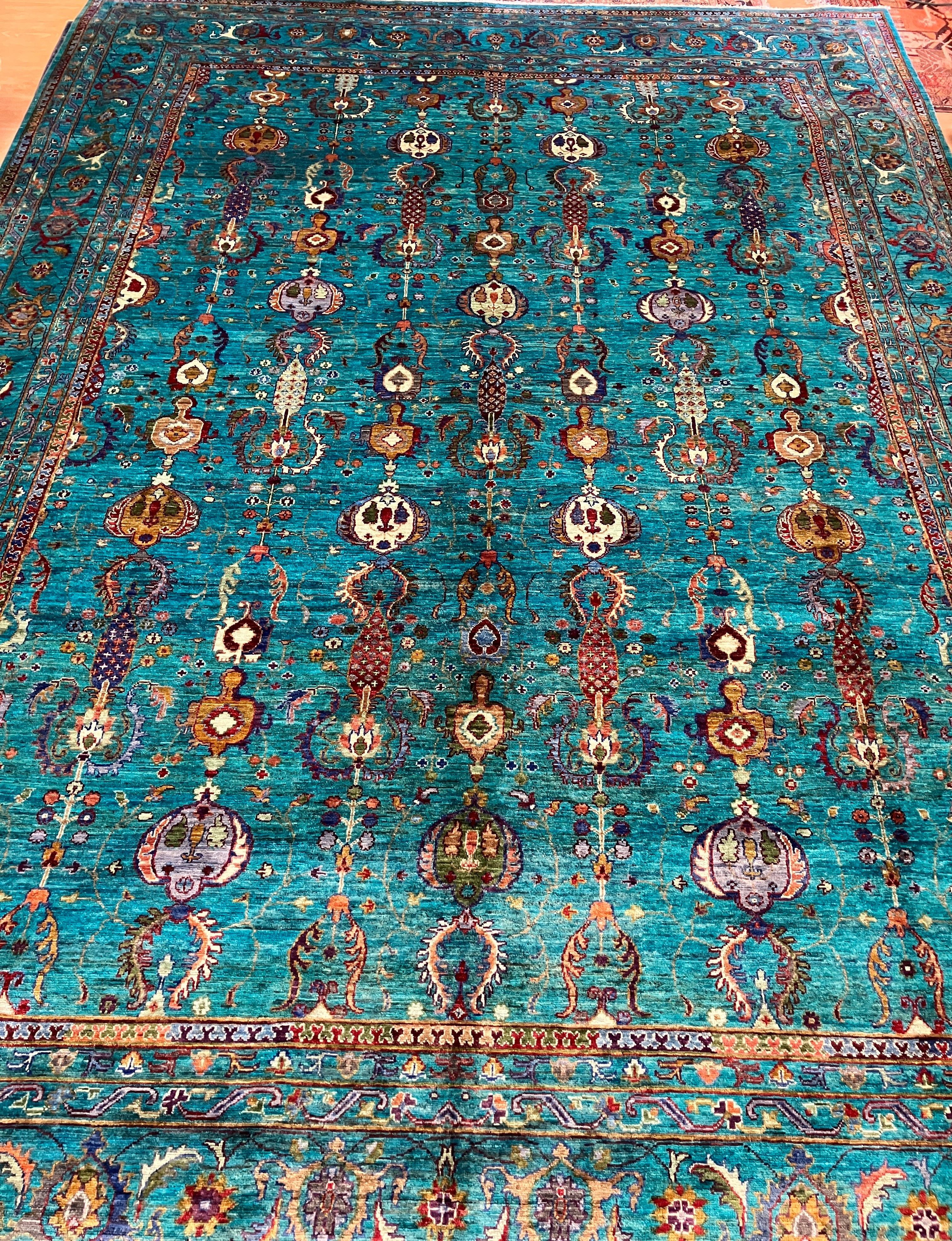 Persian Style Vase Design - 9' 07" x 13' 07" - Teal Turquoise Multicolor - Hand Knotted Transitional Wool Large Area Rug