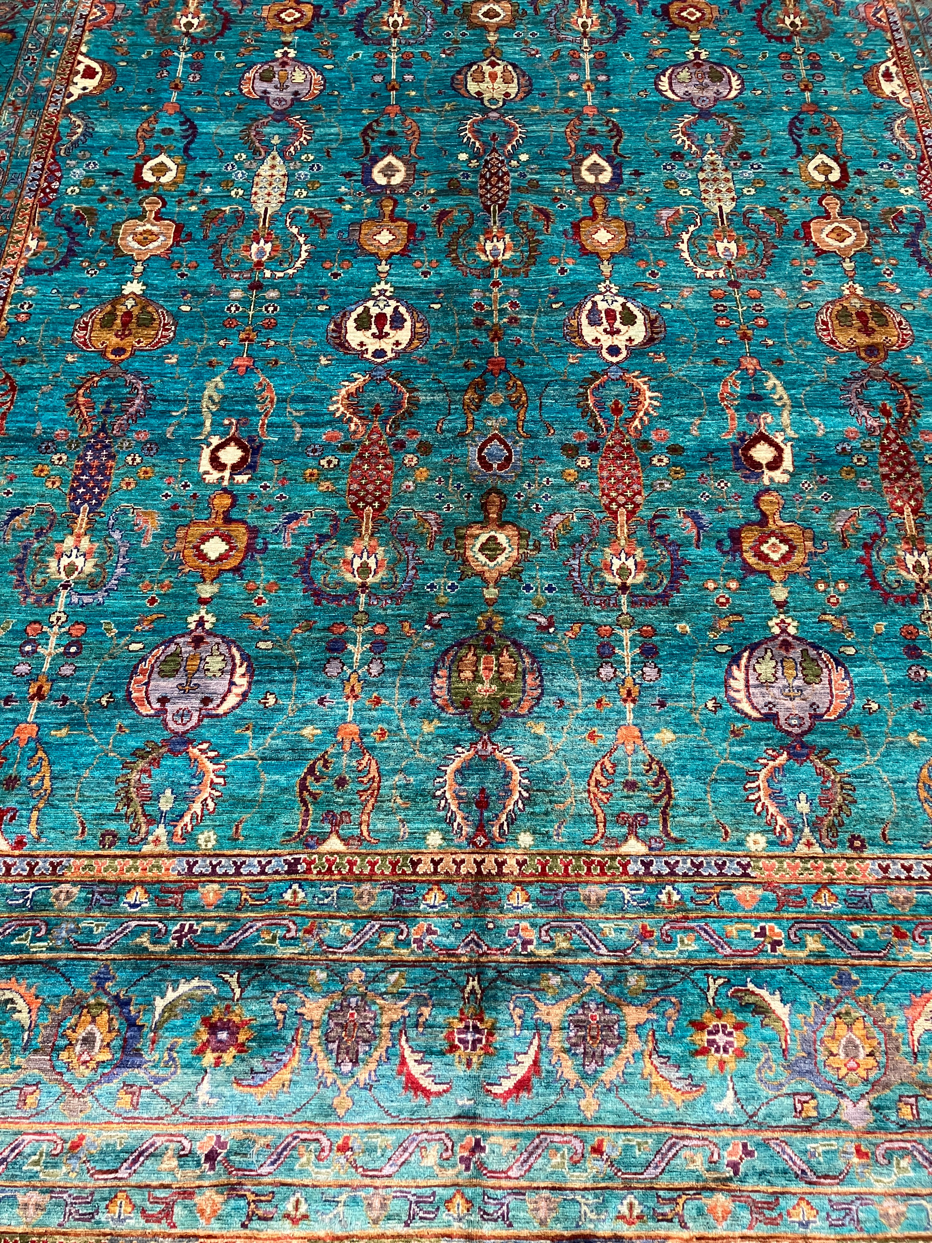 Persian Style Vase Design - 9' 07" x 13' 07" - Teal Turquoise Multicolor - Hand Knotted Transitional Wool Large Area Rug