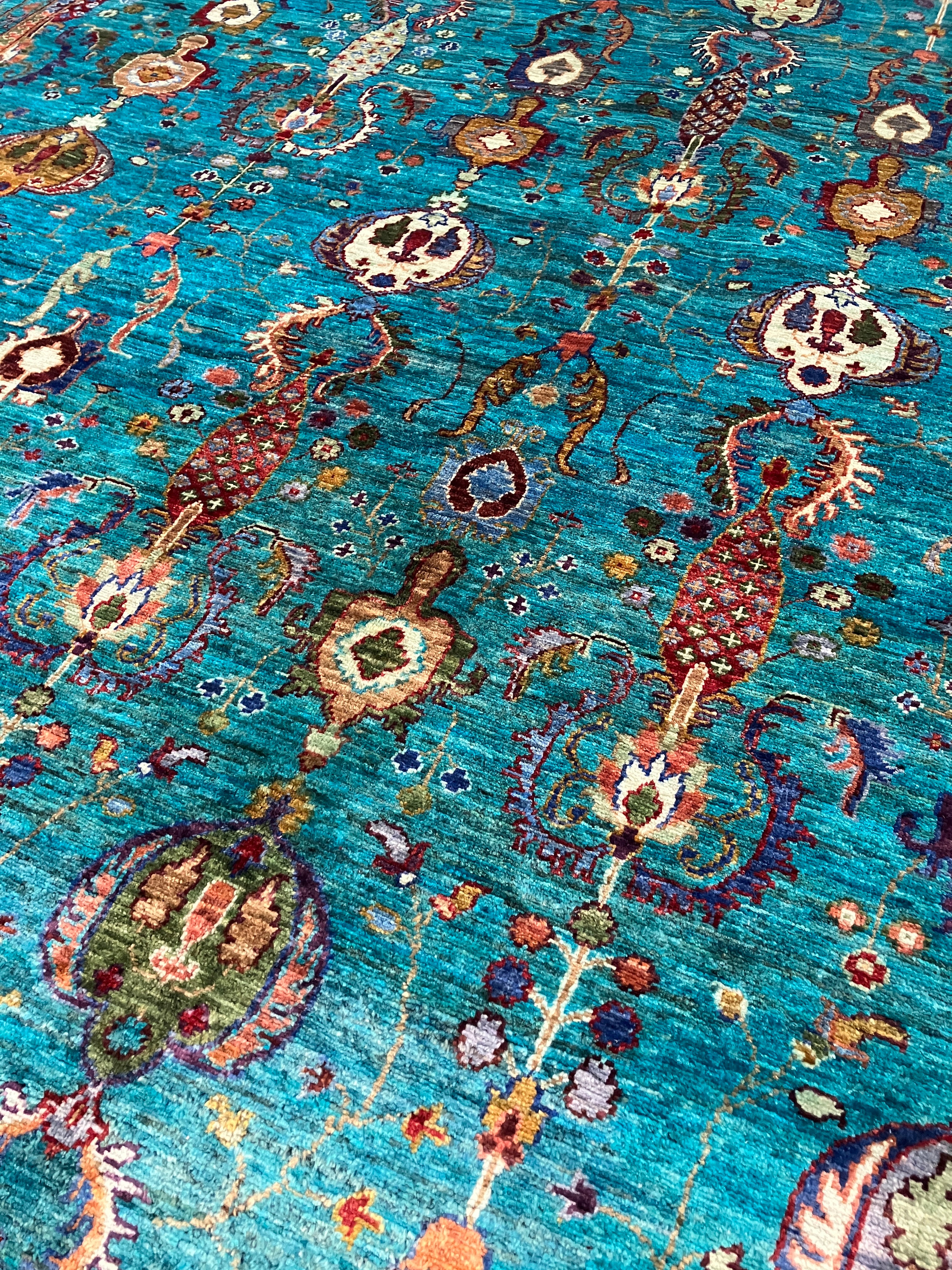 Persian Style Vase Design - 9' 07" x 13' 07" - Teal Turquoise Multicolor - Hand Knotted Transitional Wool Large Area Rug