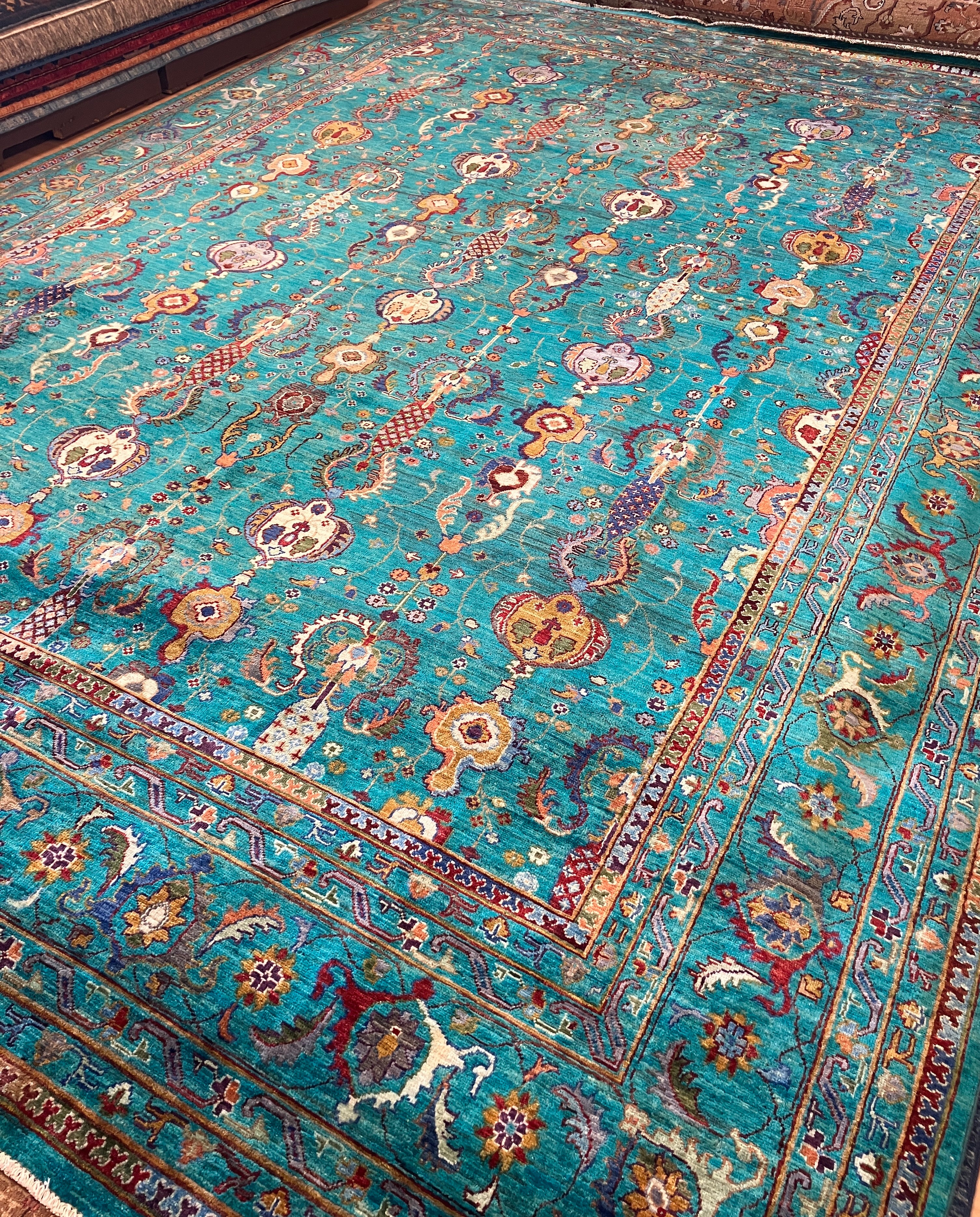 Persian Style Vase Design - 9' 07" x 13' 07" - Teal Turquoise Multicolor - Hand Knotted Transitional Wool Large Area Rug
