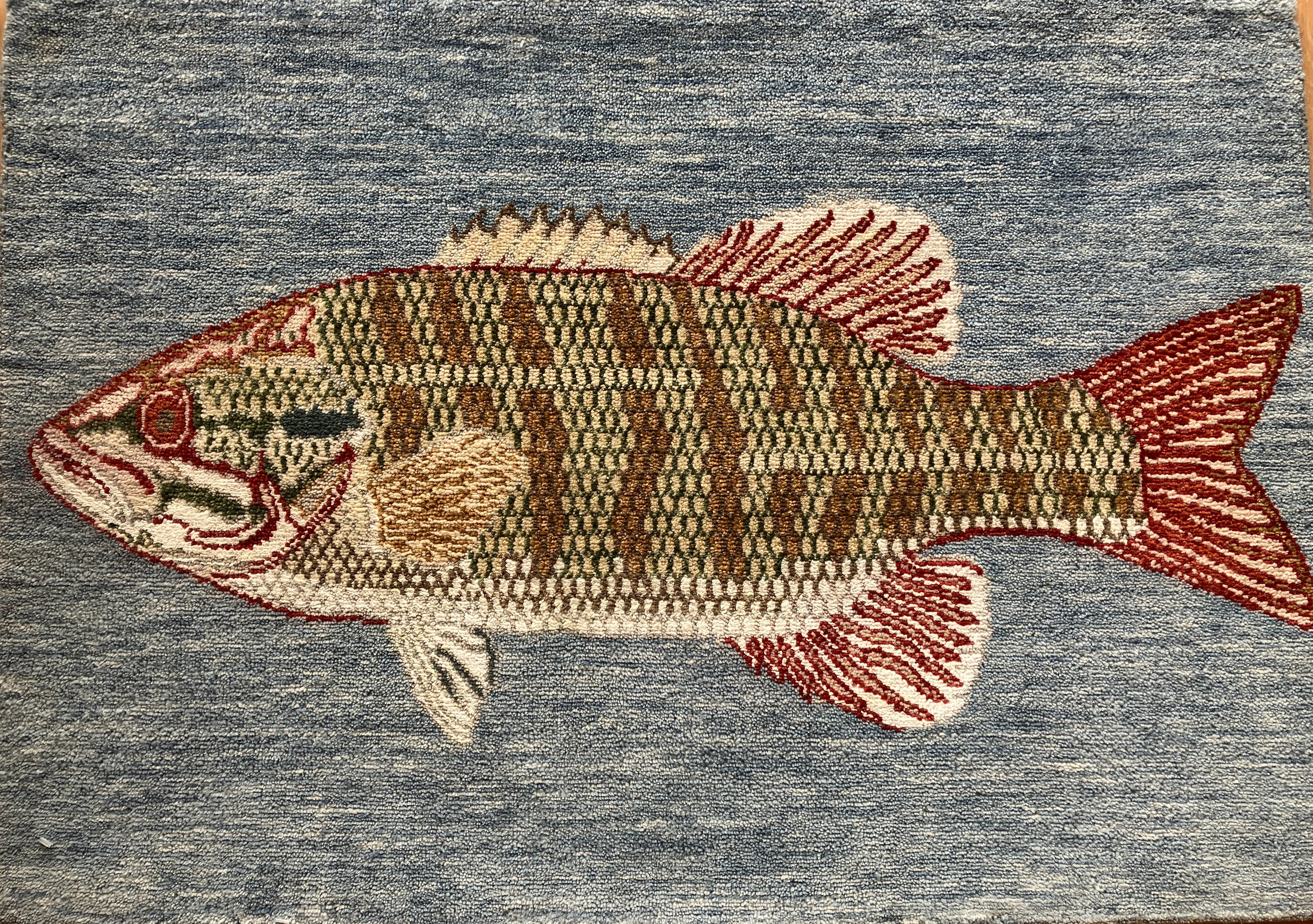 Nomad Collection - 2' 02" x 3' 01" (2'x3') Mat - Small Mouth Bass Fish Mat - Blue - Hand Knotted Wool Mat