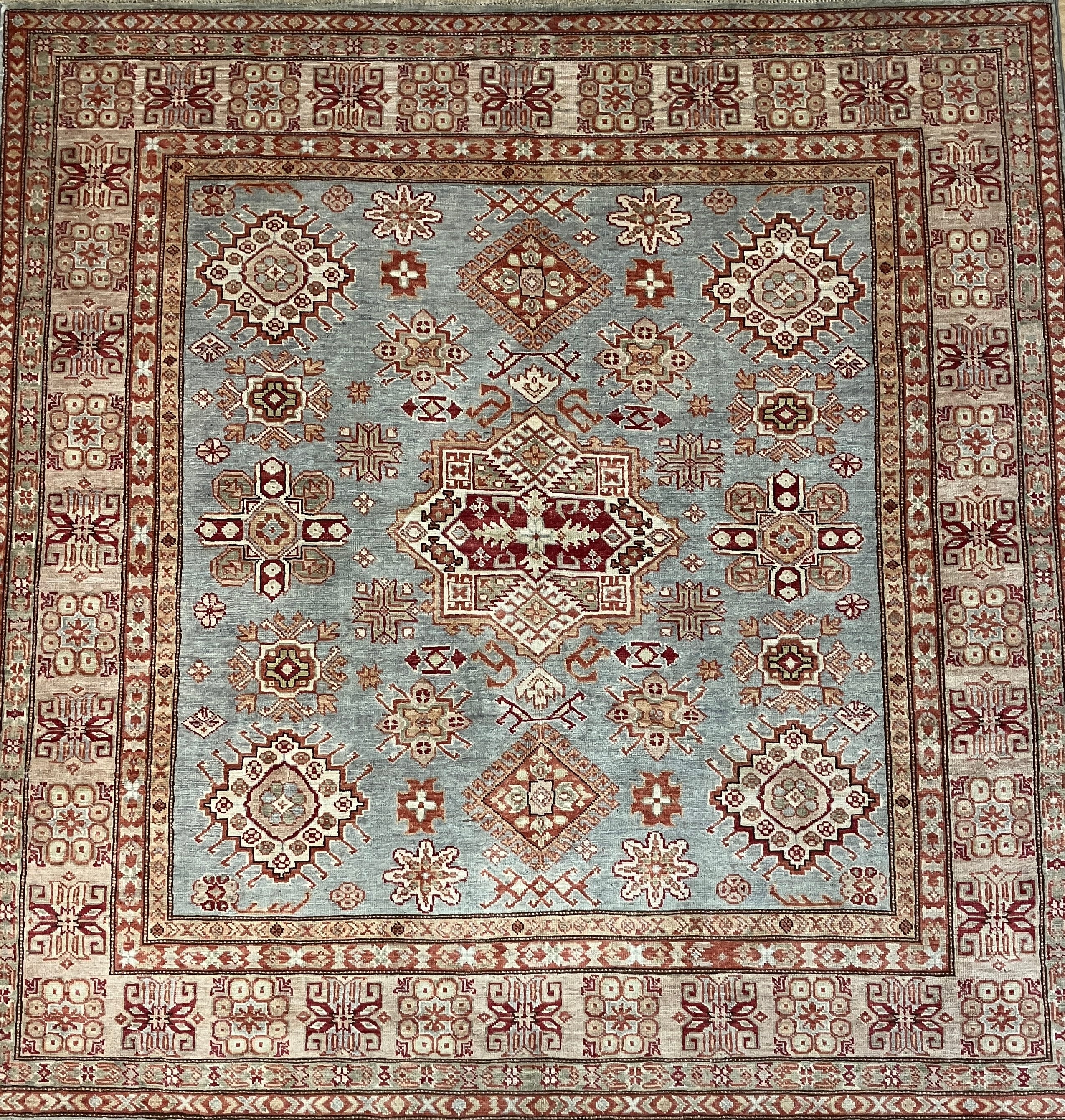 Kazak - 6' 01" x 6' 02" - Grey & Orange Square - Hand Knotted Wool Area Rug - Traditional
