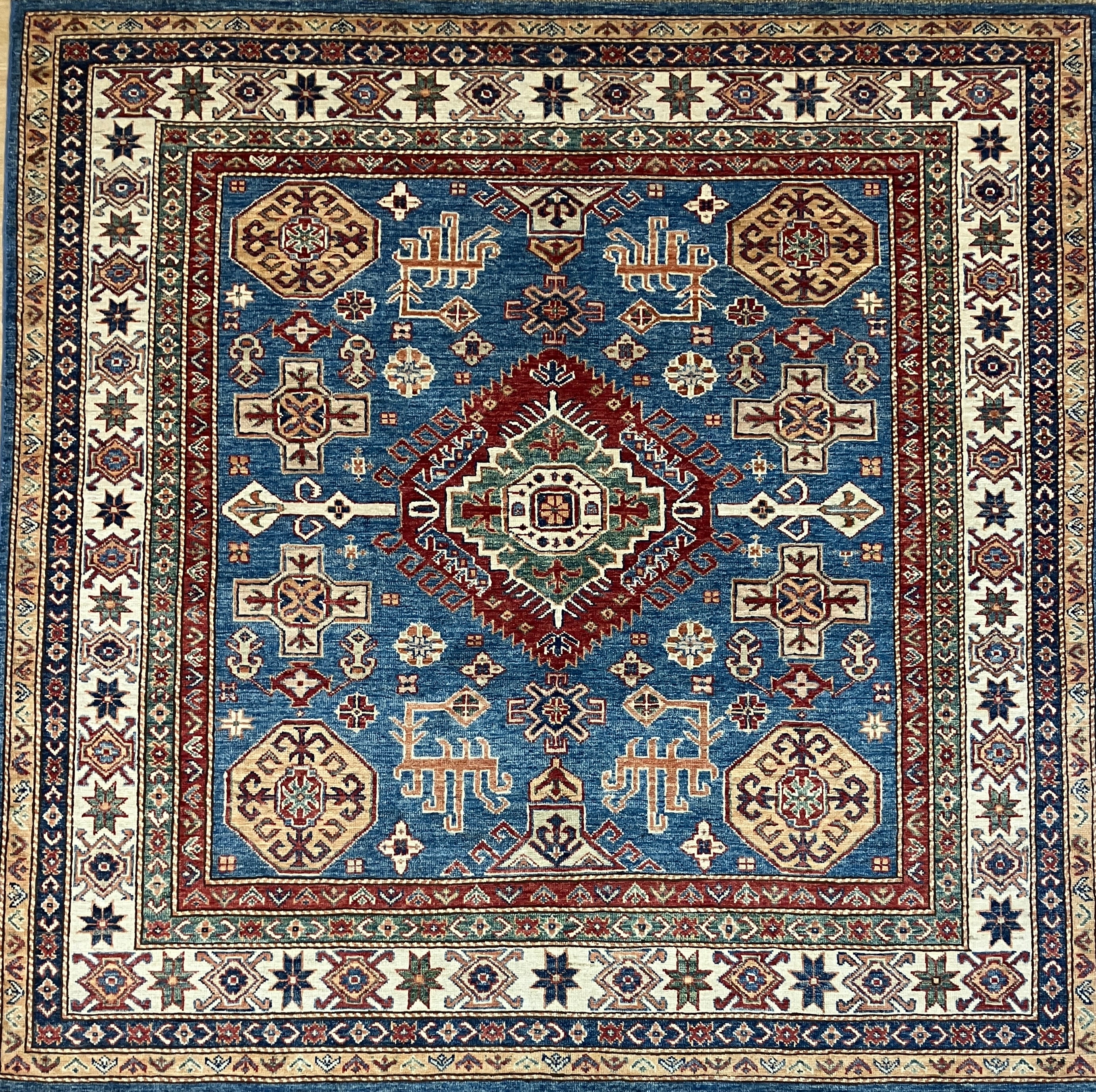 Kazak - 6' x 6' 01" - Blue Ivory Square - Hand Knotted Wool Area Rug - Traditional