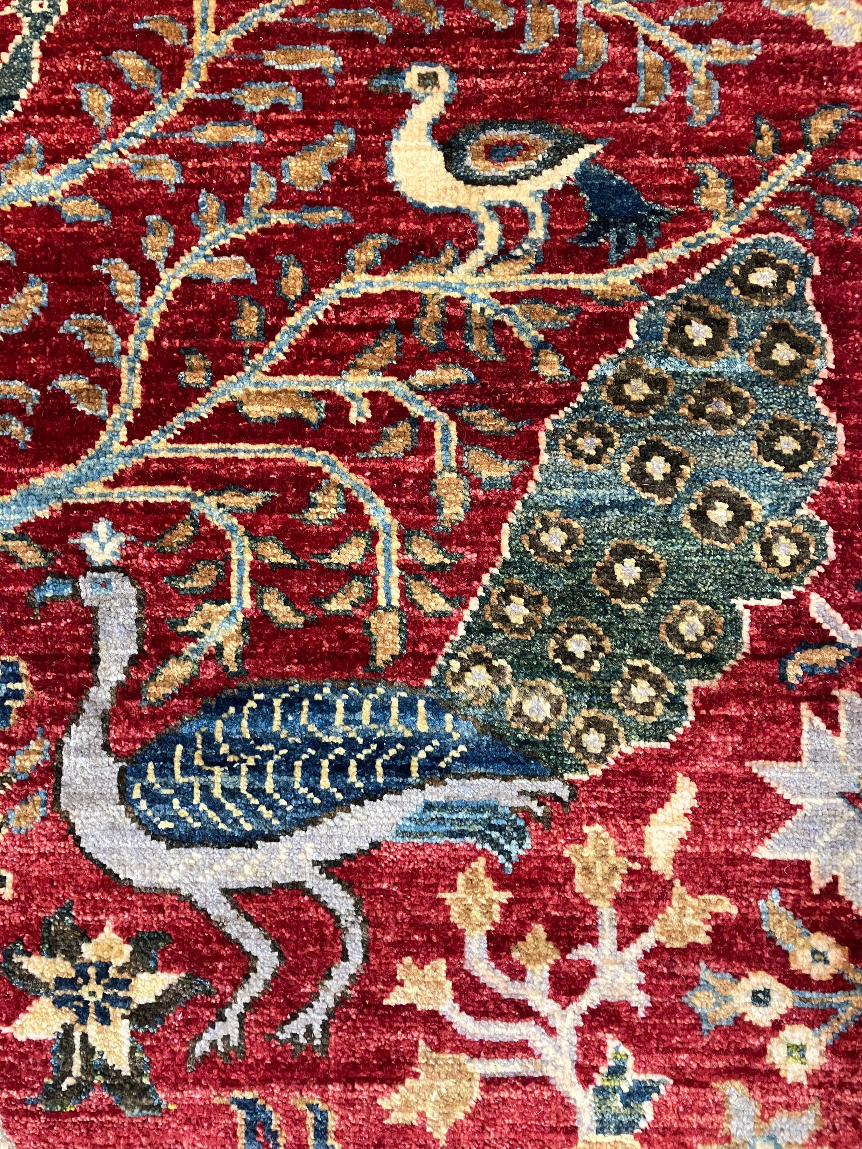 Nomad Collection - Exotic Birds of Paradise - 8' 02" x 9' 10" - Red Landscape Bird Scene - Hand Knotted Area Rug