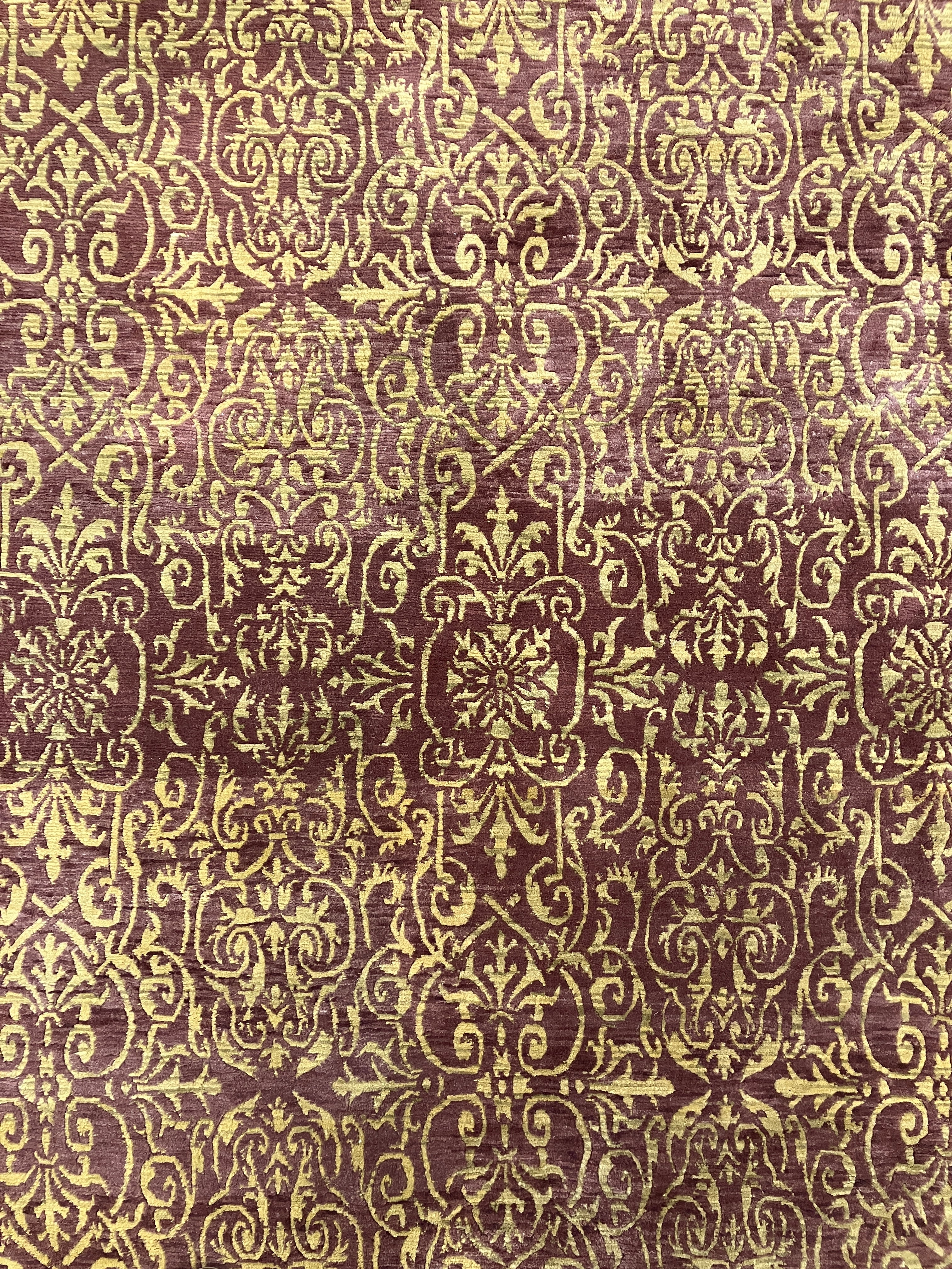 Tibetano Collection Wool - 7' 10" x 8' 03" - Plum & Gold - Wool Contemporary Modern Area Rug - Damask Tibet Nepal Rug