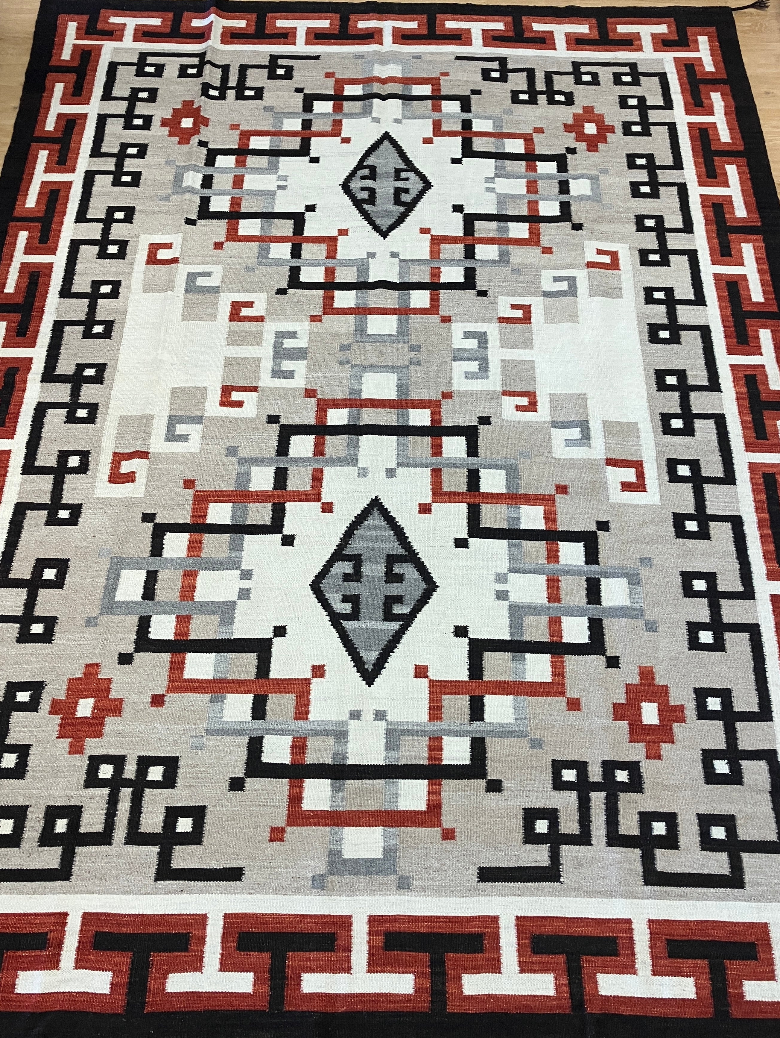 Santafe Collection - 3'x5' 8'x10' 9'x12' - Grey Beige Black/Brown & Rust - Hand Woven Flat Weave Rug - Southwestern Tribal Rug