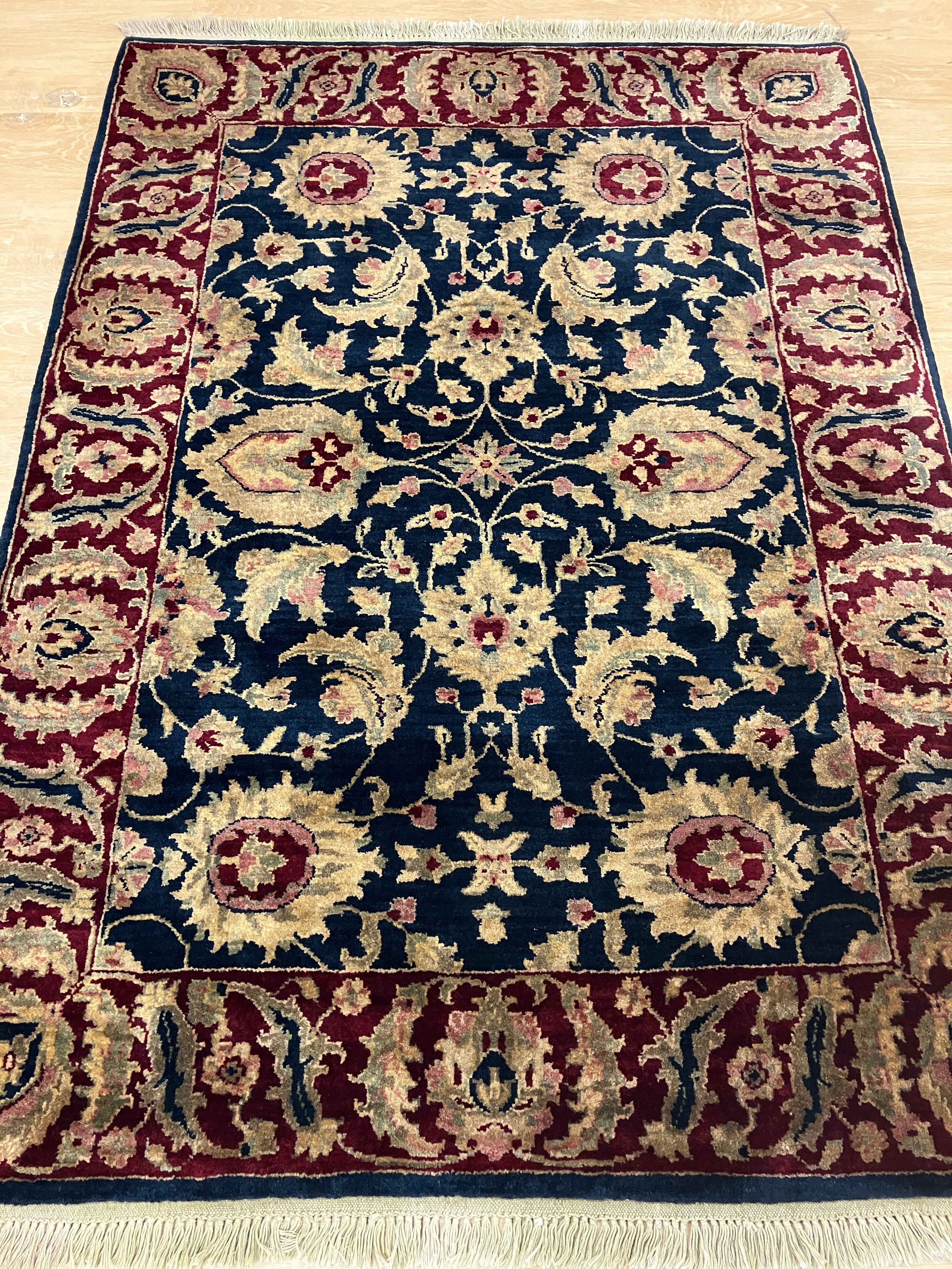 Royal Jaipur - 4' 00" x 6' 01" - Navy Beige Rose Red - Hand Knotted Wool Rug - Traditional Classic Rug