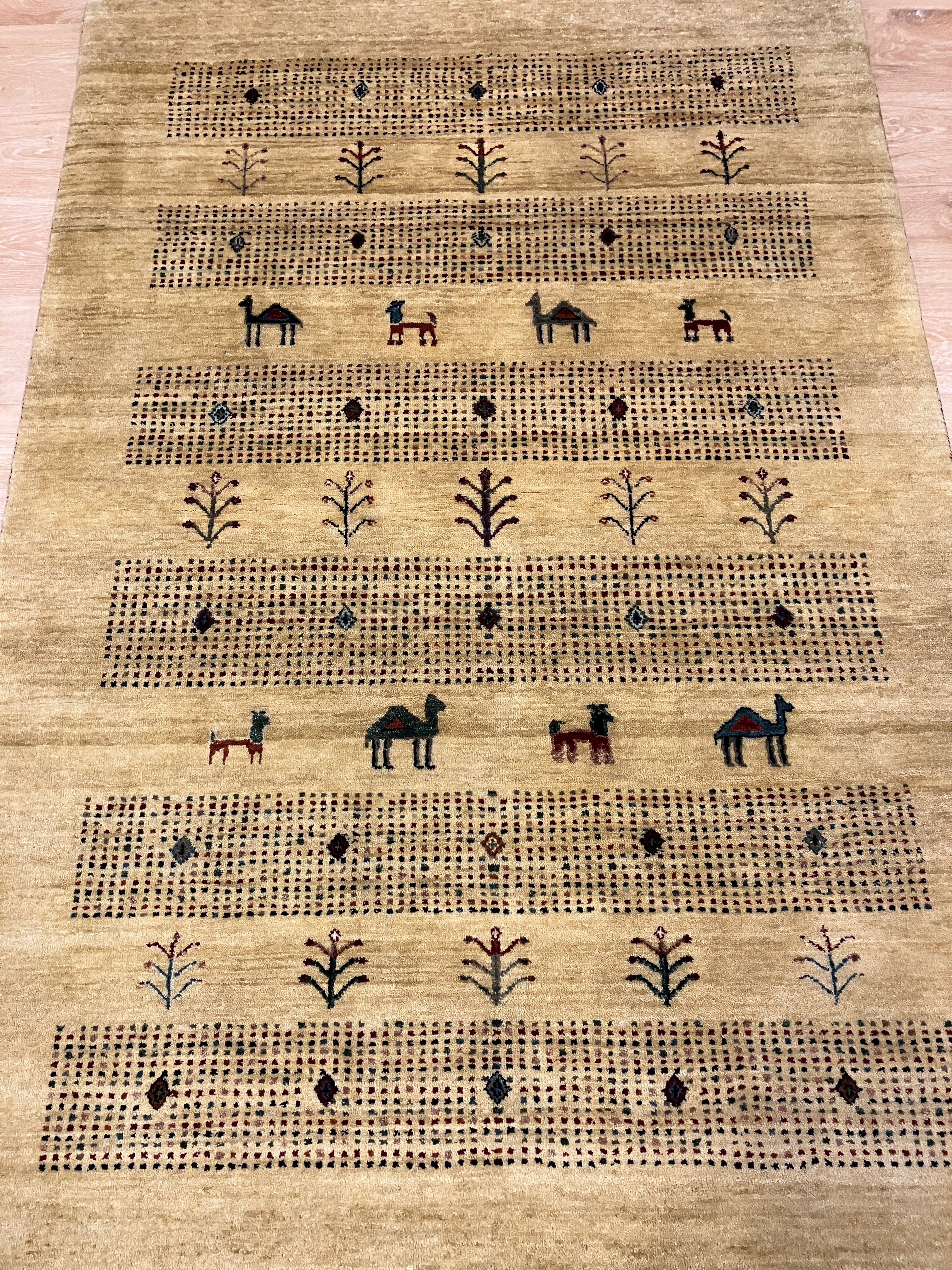 Royal Gabbeh - 4'x6' - Camel & Red Black Blue Grey Landscape Scene - Hand Knotted Tribal Nomadic Wool Rug