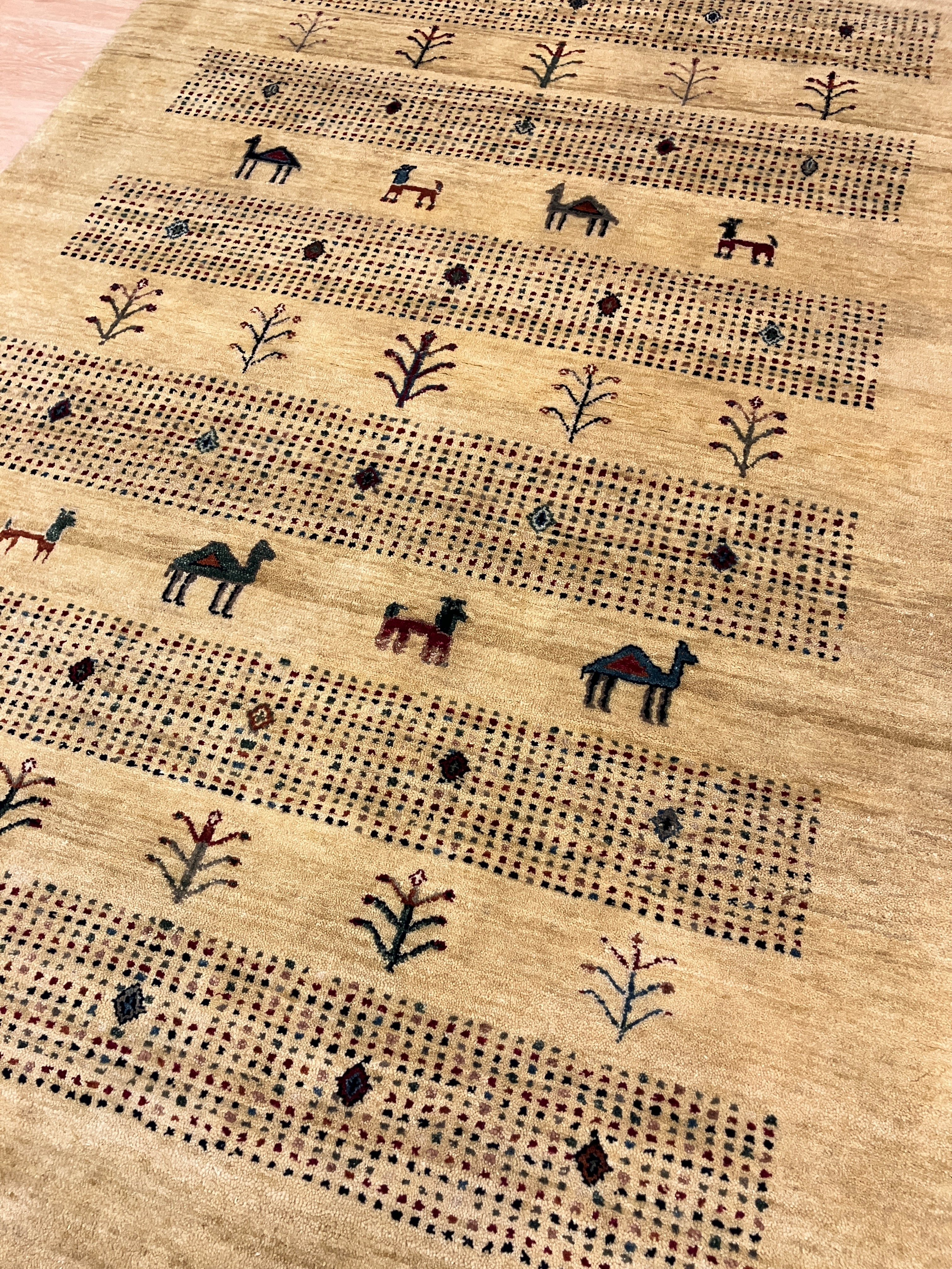 Royal Gabbeh - 4'x6' - Camel & Red Black Blue Grey Landscape Scene - Hand Knotted Tribal Nomadic Wool Rug