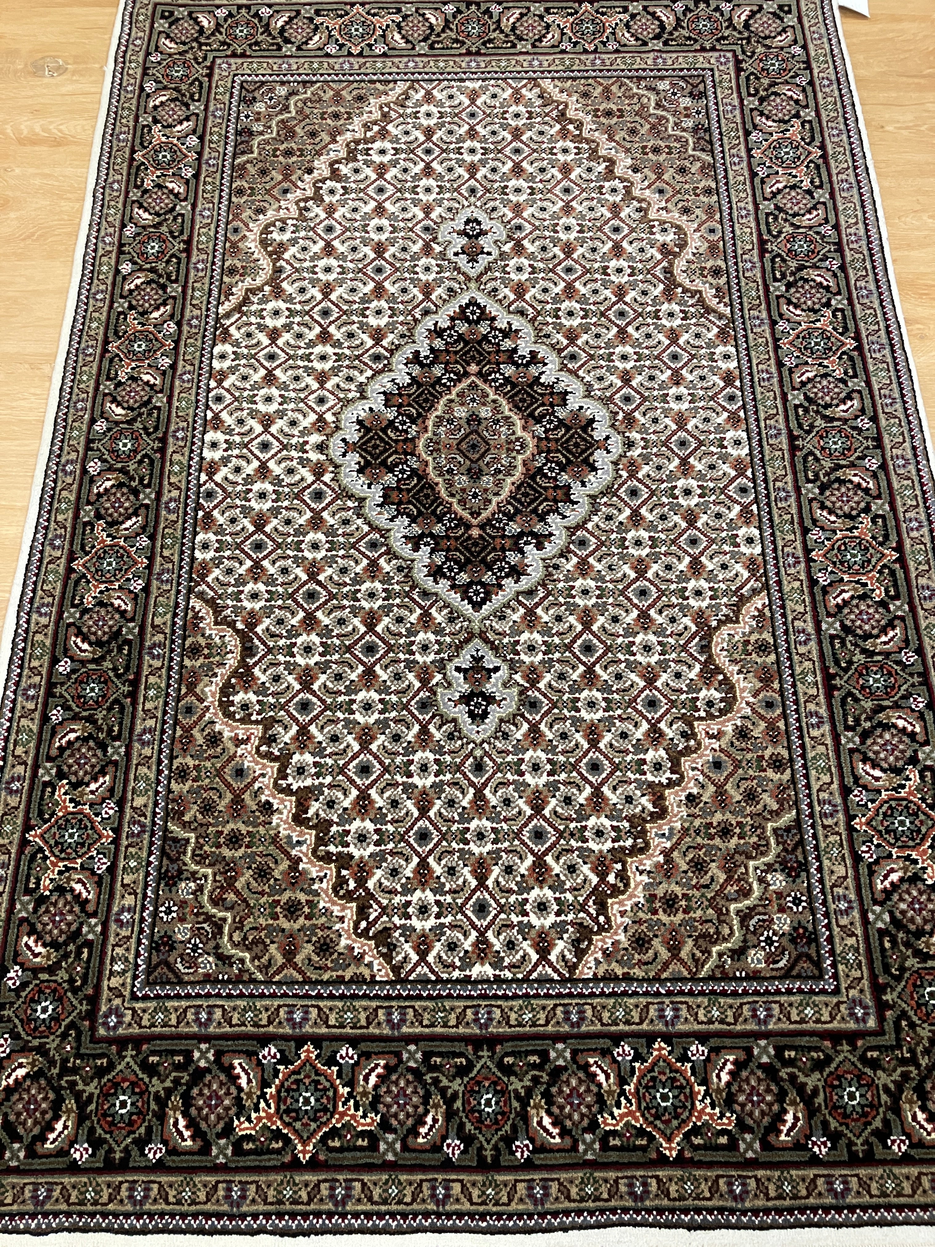 Persian Tabriz Mahi - 4' 00" x 6' 01" - Ivory Black Green Pink Brown - Hand Knotted Wool & Silk Rug - Traditional Classic Persian Tabriz Mahi Rug