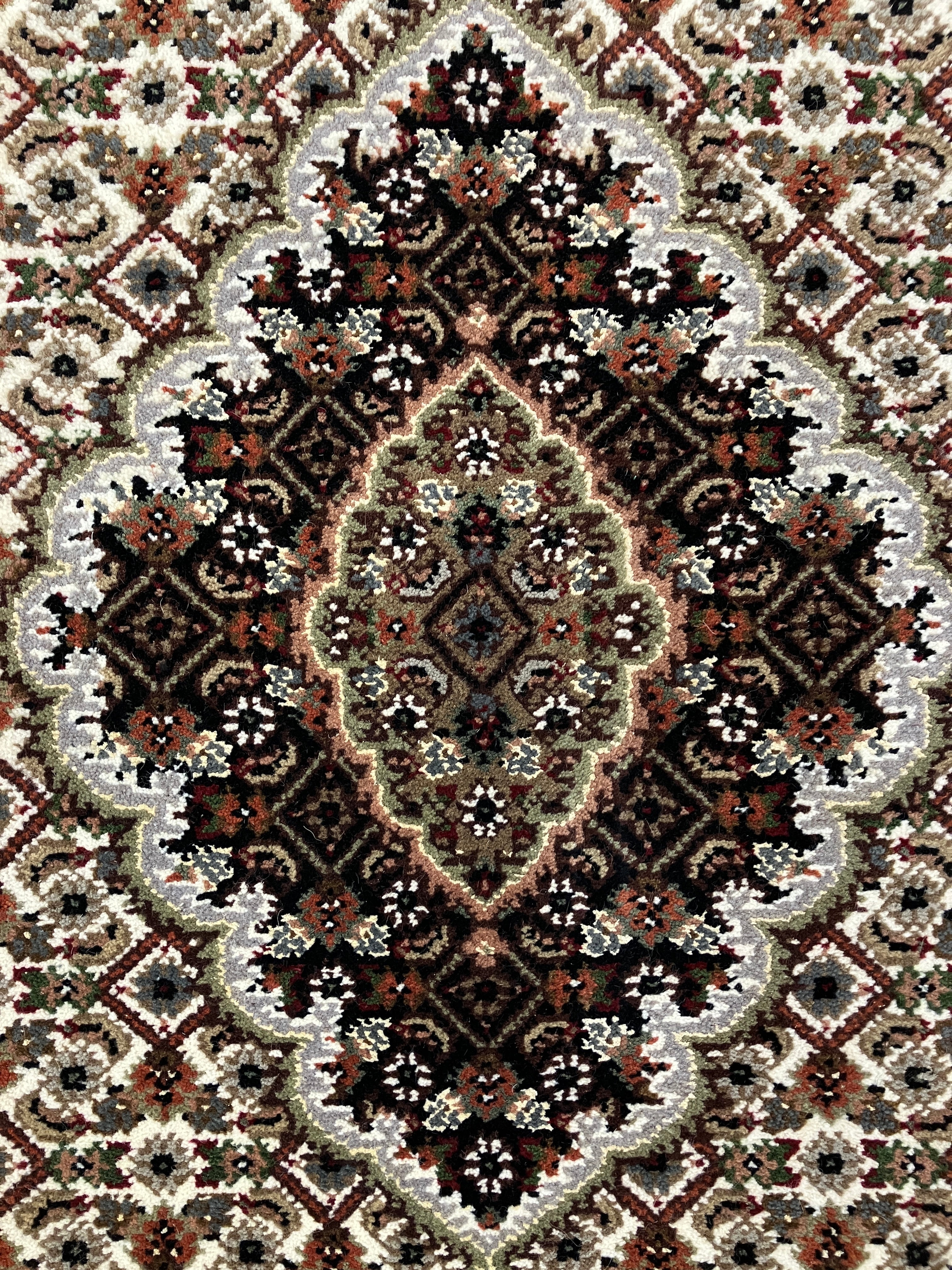 Persian Tabriz Mahi - 4' 00" x 6' 01" - Ivory Black Green Pink Brown - Hand Knotted Wool & Silk Rug - Traditional Classic Persian Tabriz Mahi Rug