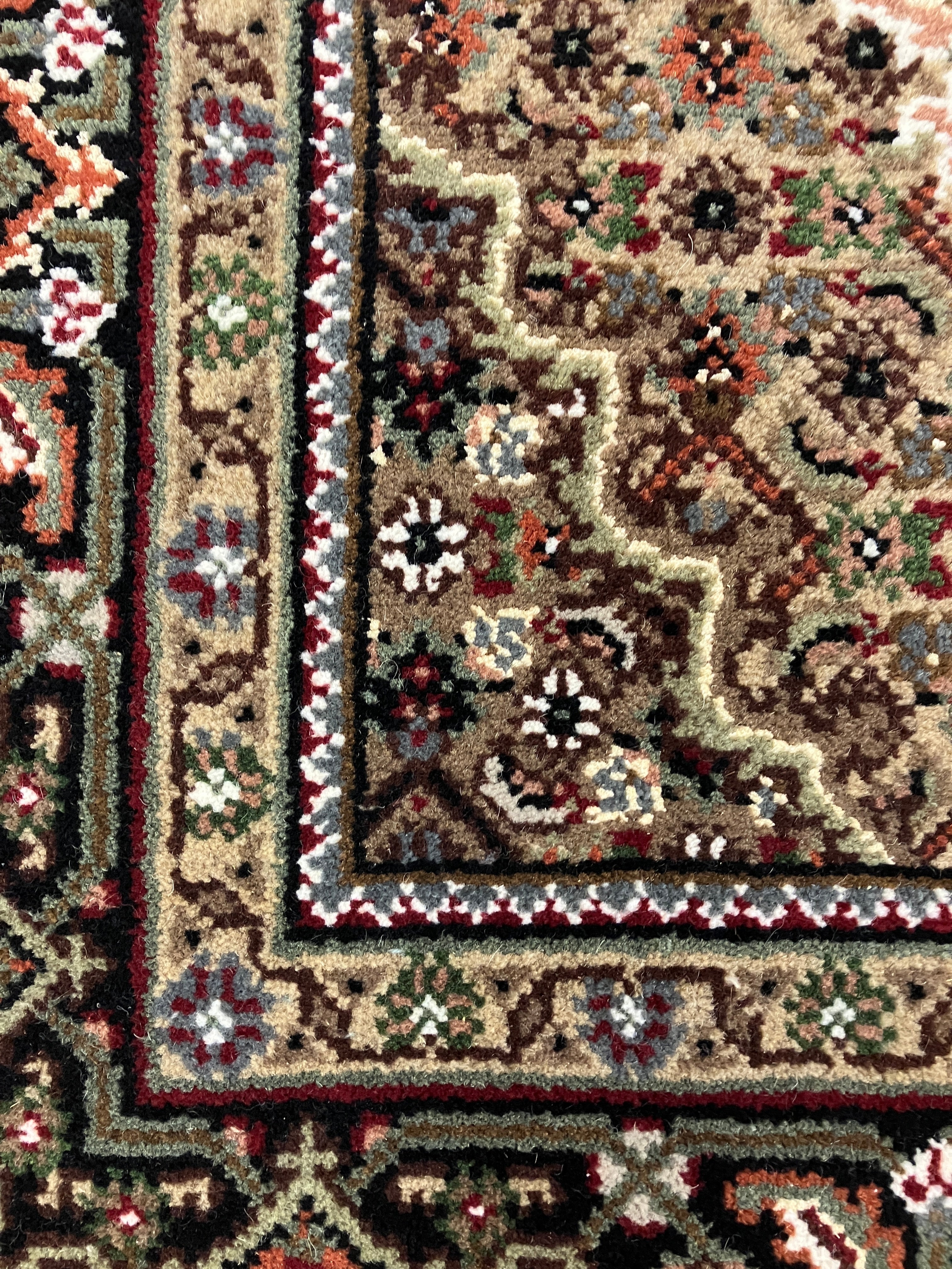 Persian Tabriz Mahi - 4' 00" x 6' 01" - Ivory Black Green Pink Brown - Hand Knotted Wool & Silk Rug - Traditional Classic Persian Tabriz Mahi Rug