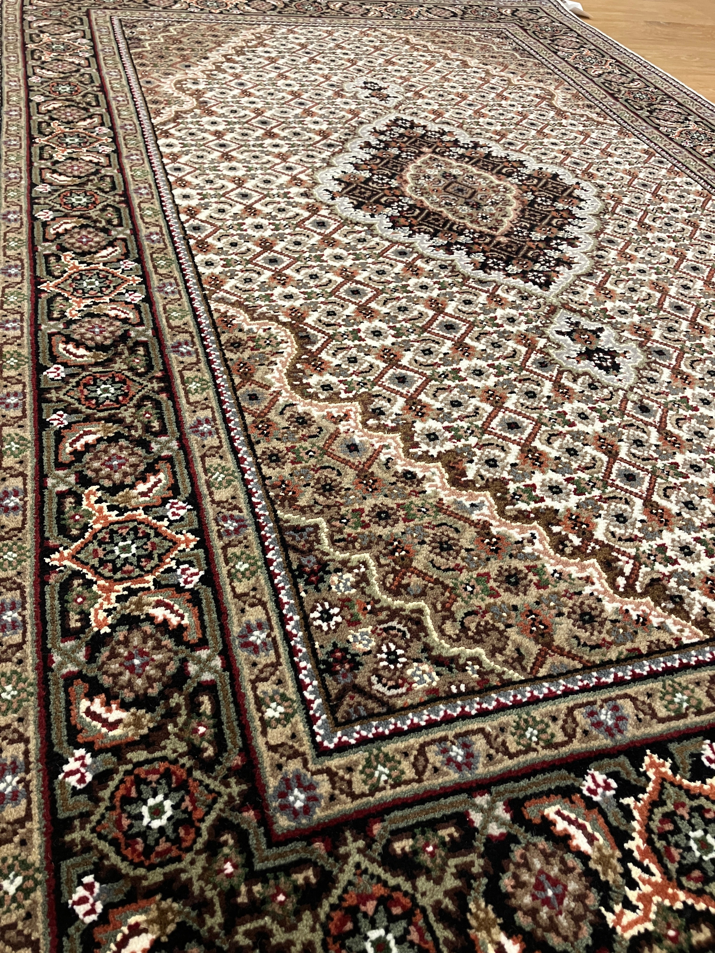 Persian Tabriz Mahi - 4' 00" x 6' 01" - Ivory Black Green Pink Brown - Hand Knotted Wool & Silk Rug - Traditional Classic Persian Tabriz Mahi Rug