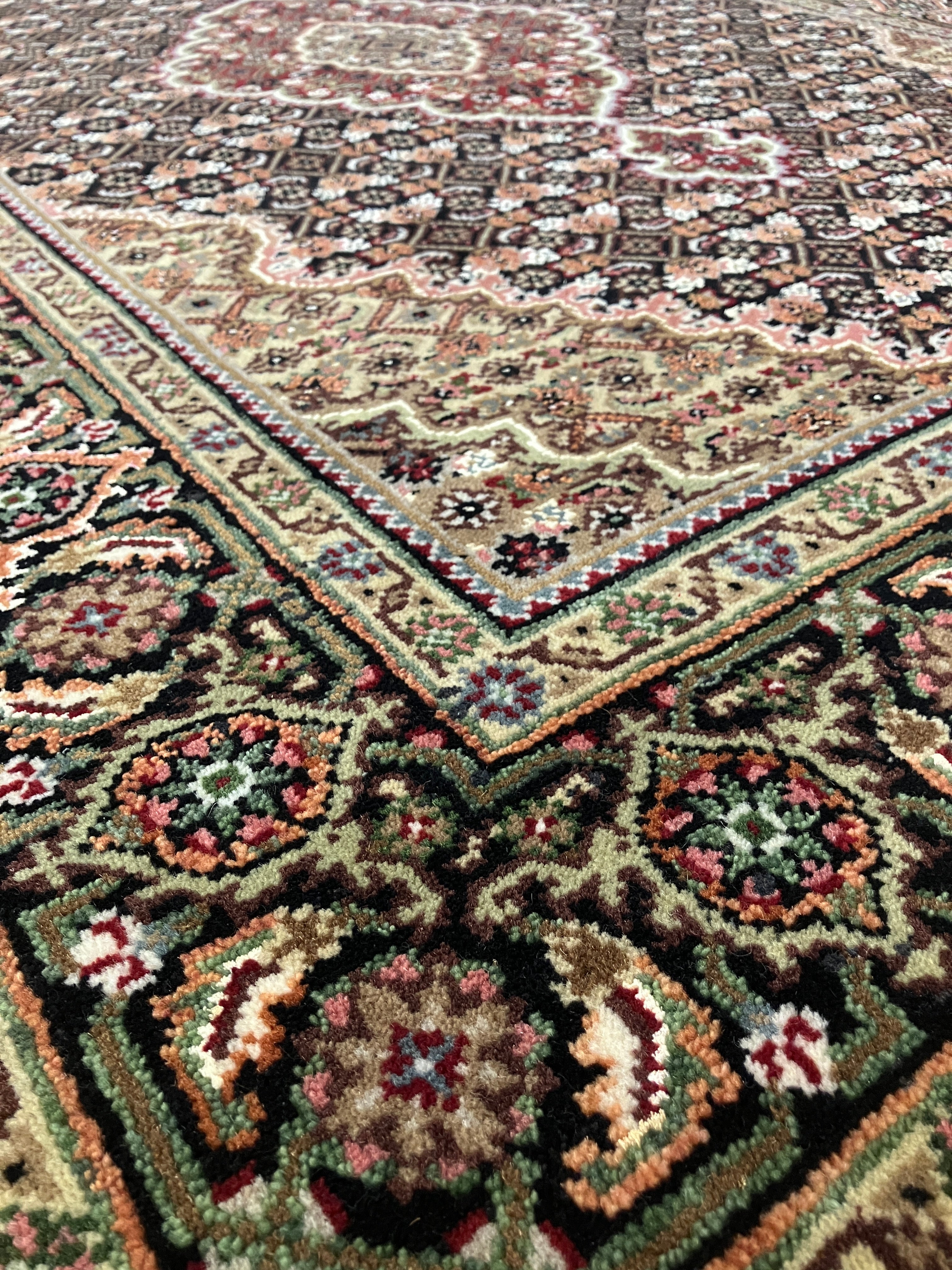 Persian Tabriz Mahi - 4' 04" x 6' 02" - Black Red Sage Camel Ivory Coral - Hand Knotted Wool & Silk Rug - Traditional Classic Persian Tabriz Mahi Rug