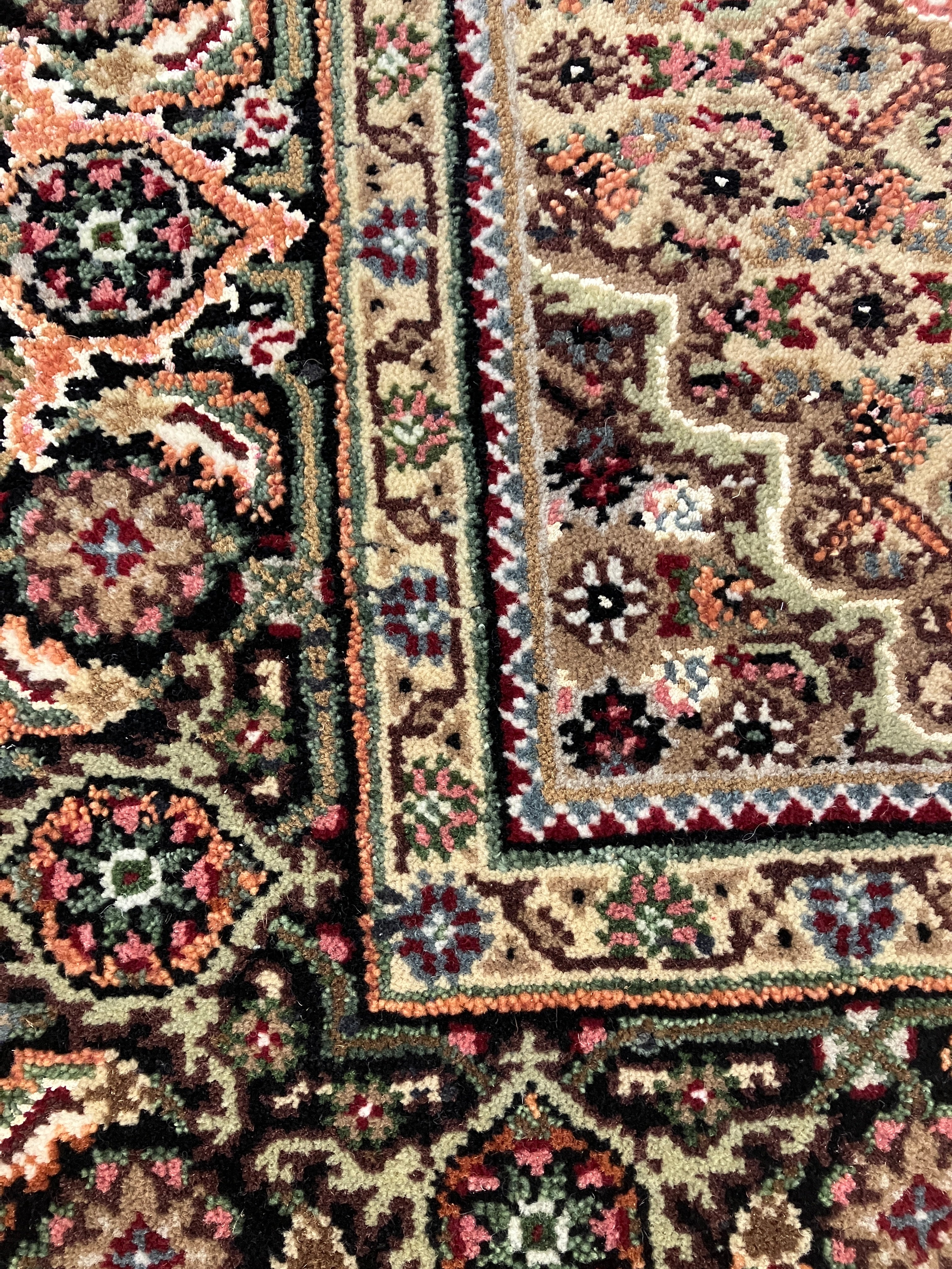 Persian Tabriz Mahi - 4' 04" x 6' 02" - Black Red Sage Camel Ivory Coral - Hand Knotted Wool & Silk Rug - Traditional Classic Persian Tabriz Mahi Rug