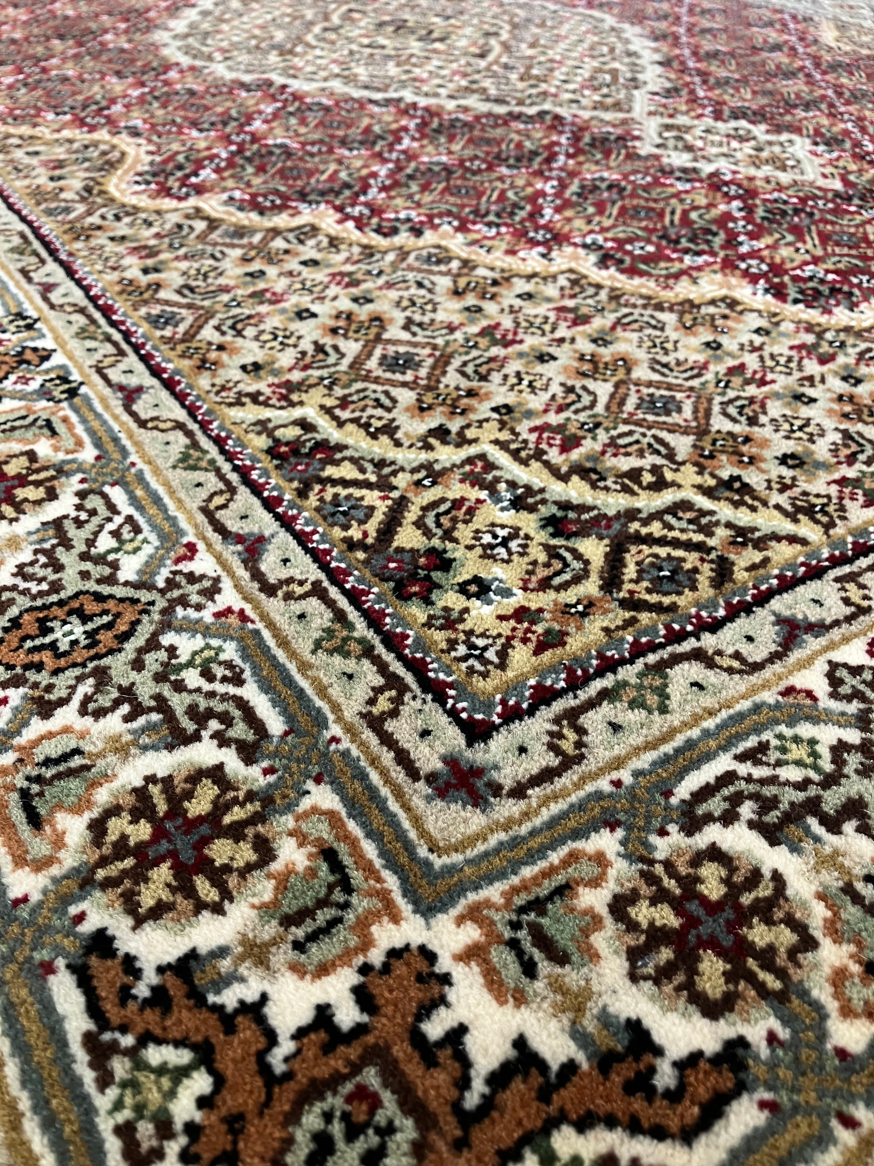 Persian Tabriz Mahi - 4' 00" x 6' 00" - Red Ivory Black Sage Camel - Hand Knotted Wool & Silk Rug - Traditional Classic Persian Tabriz Mahi Rug