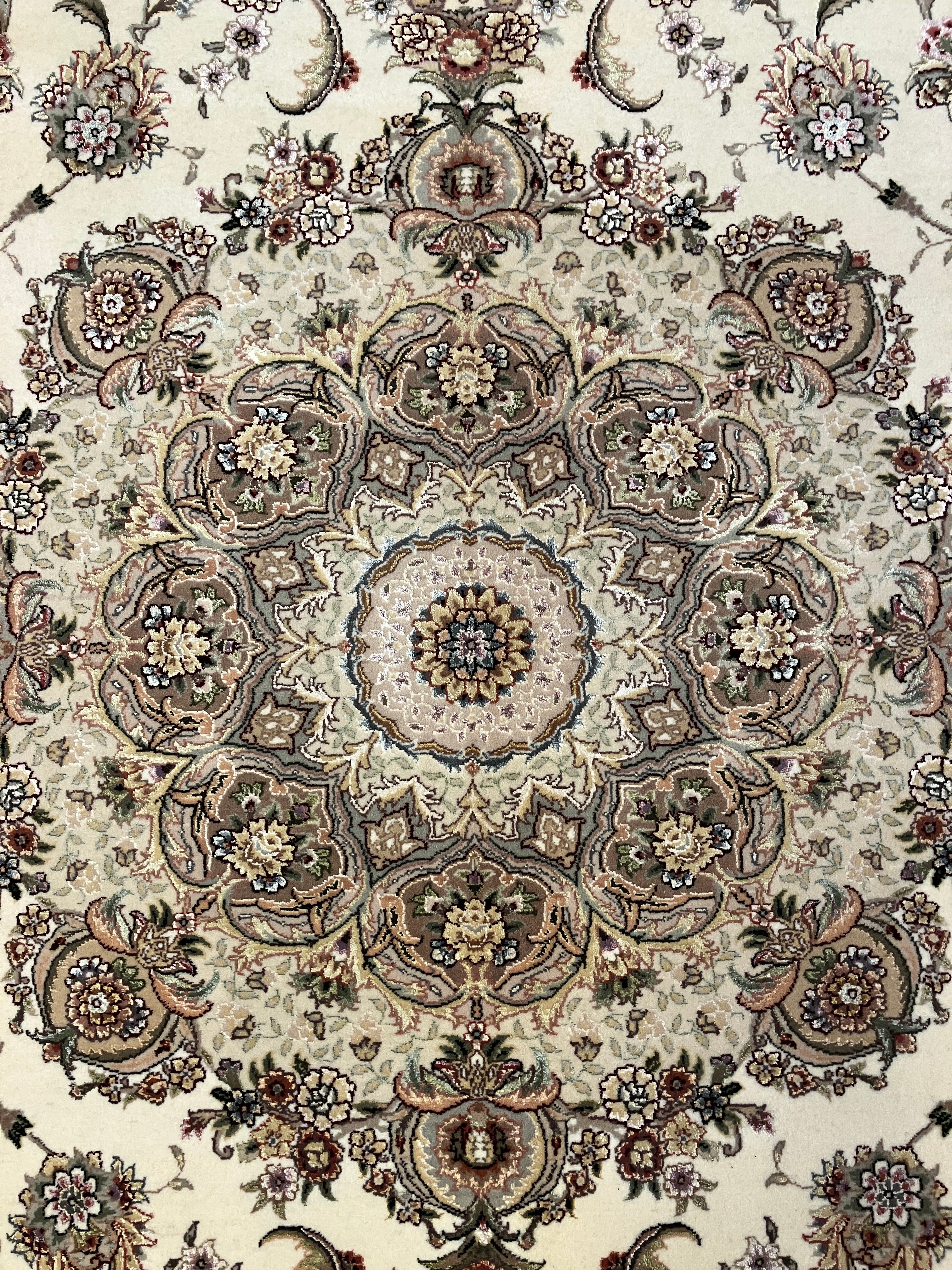 Tabriz Wool & Silk - 8' 01" x 10' 00" - White Multicolor Silk Floral Rug - Hand Knotted Wool & Silk Traditional Classic Tabriz Rug