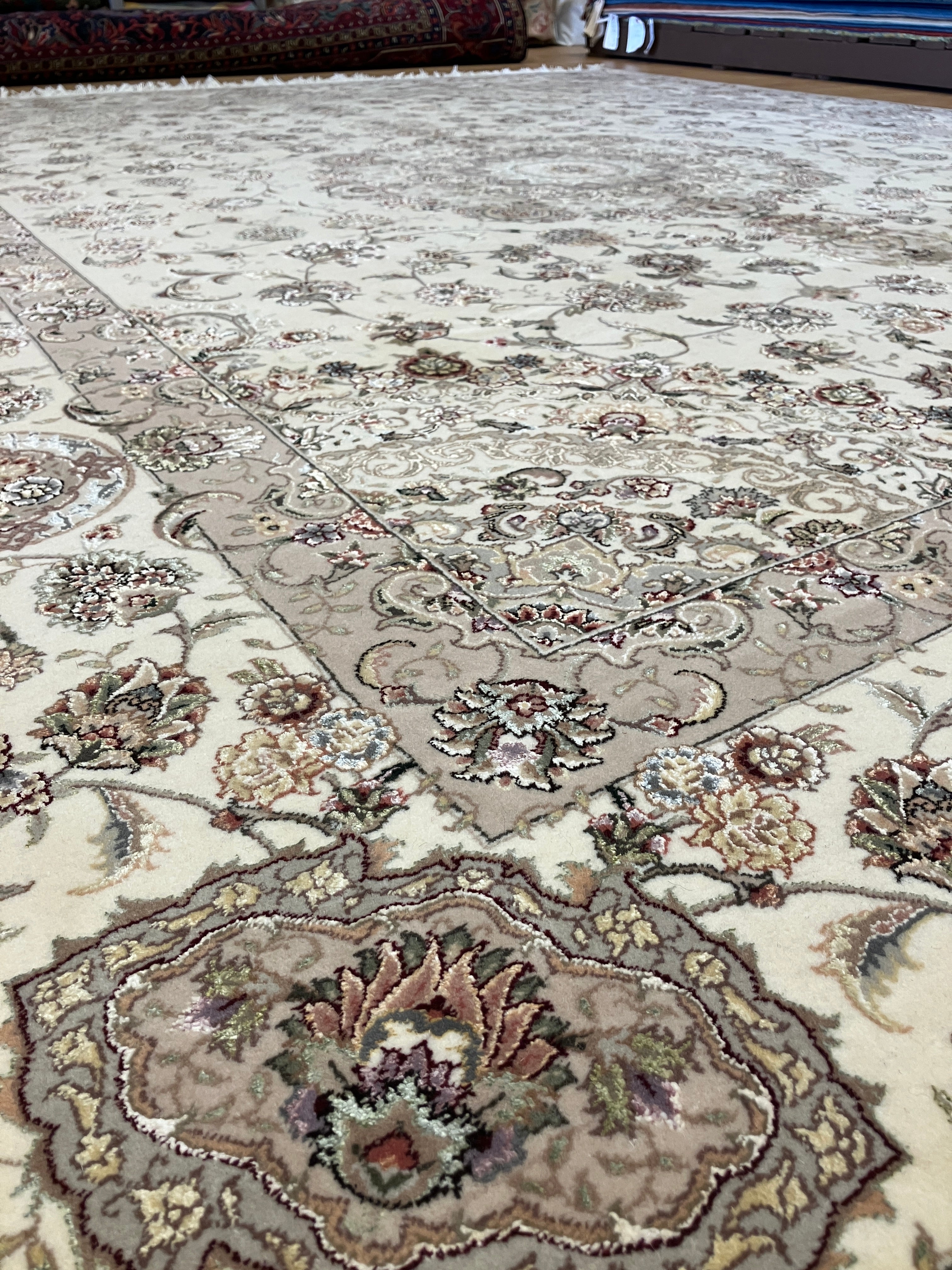 Tabriz Wool & Silk - 8' 01" x 10' 00" - White Multicolor Silk Floral Rug - Hand Knotted Wool & Silk Traditional Classic Tabriz Rug