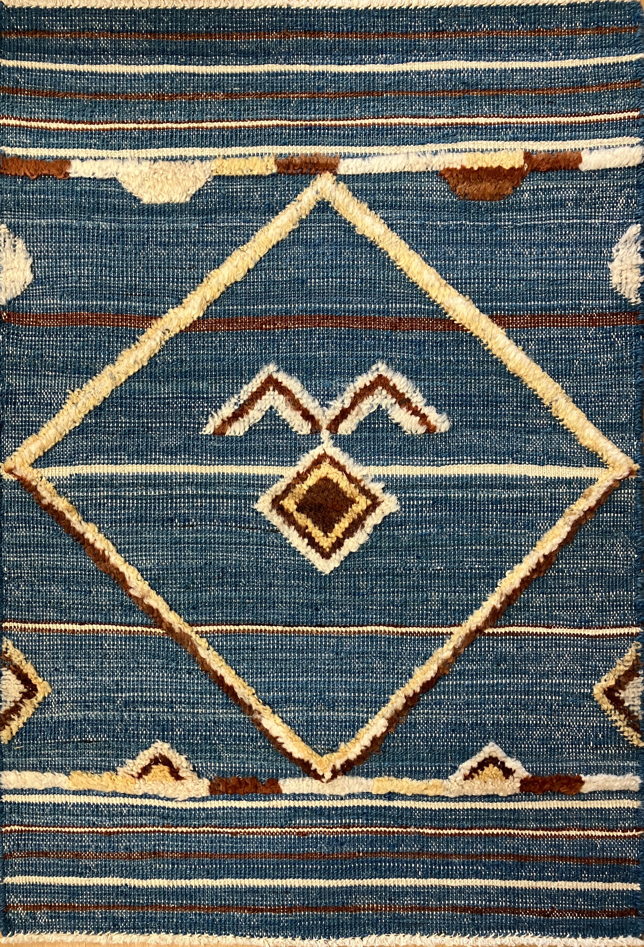Souf Collection - 2'x3' - 4'x6' - 10'x14'  - Moroccan Shag Style - Blue Brown & Ivory - Hand Knotted Wool Area Rug & Mat