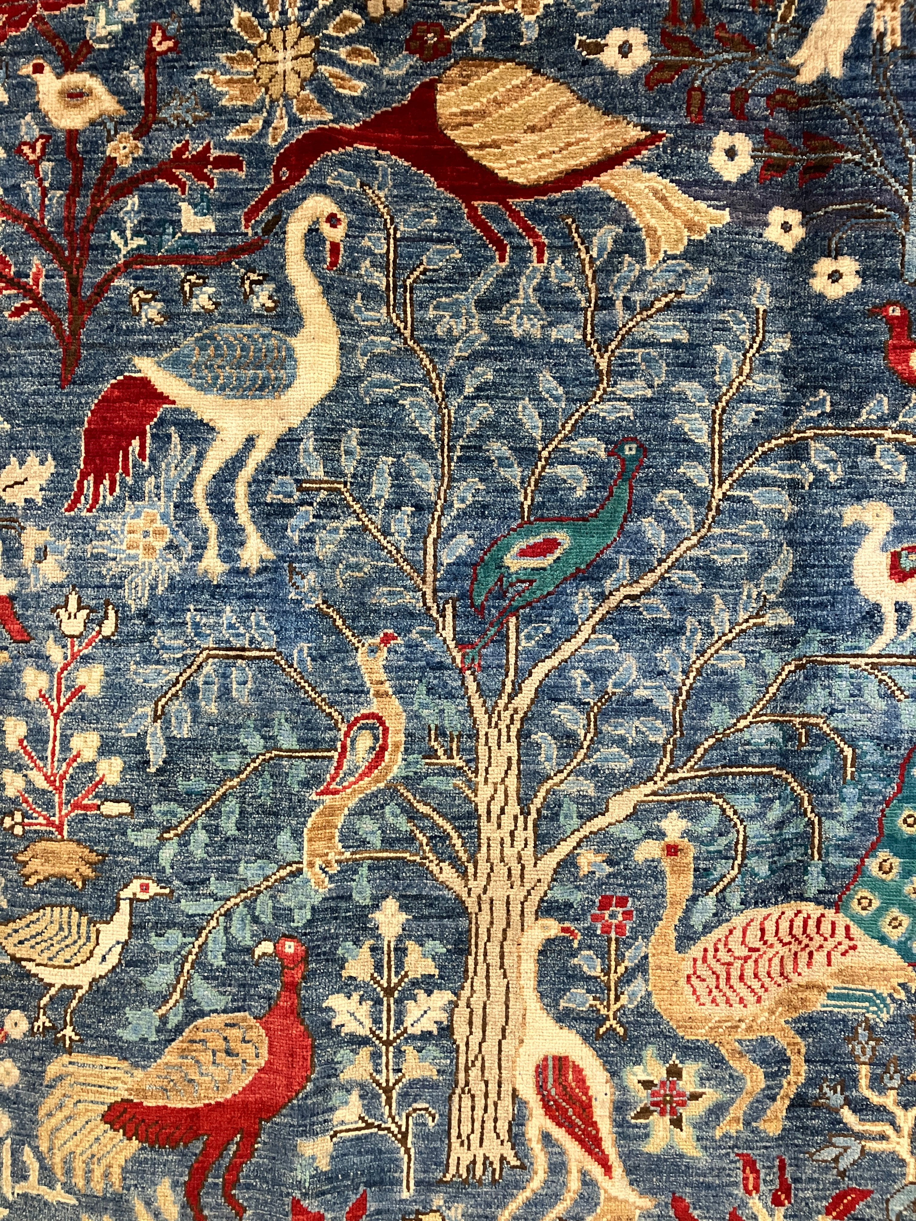 Nomad Collection - Exotic Birds of Paradise - 5' 07" x 8' 11" - Blue Landscape Bird Scene - Hand Knotted Area Rug