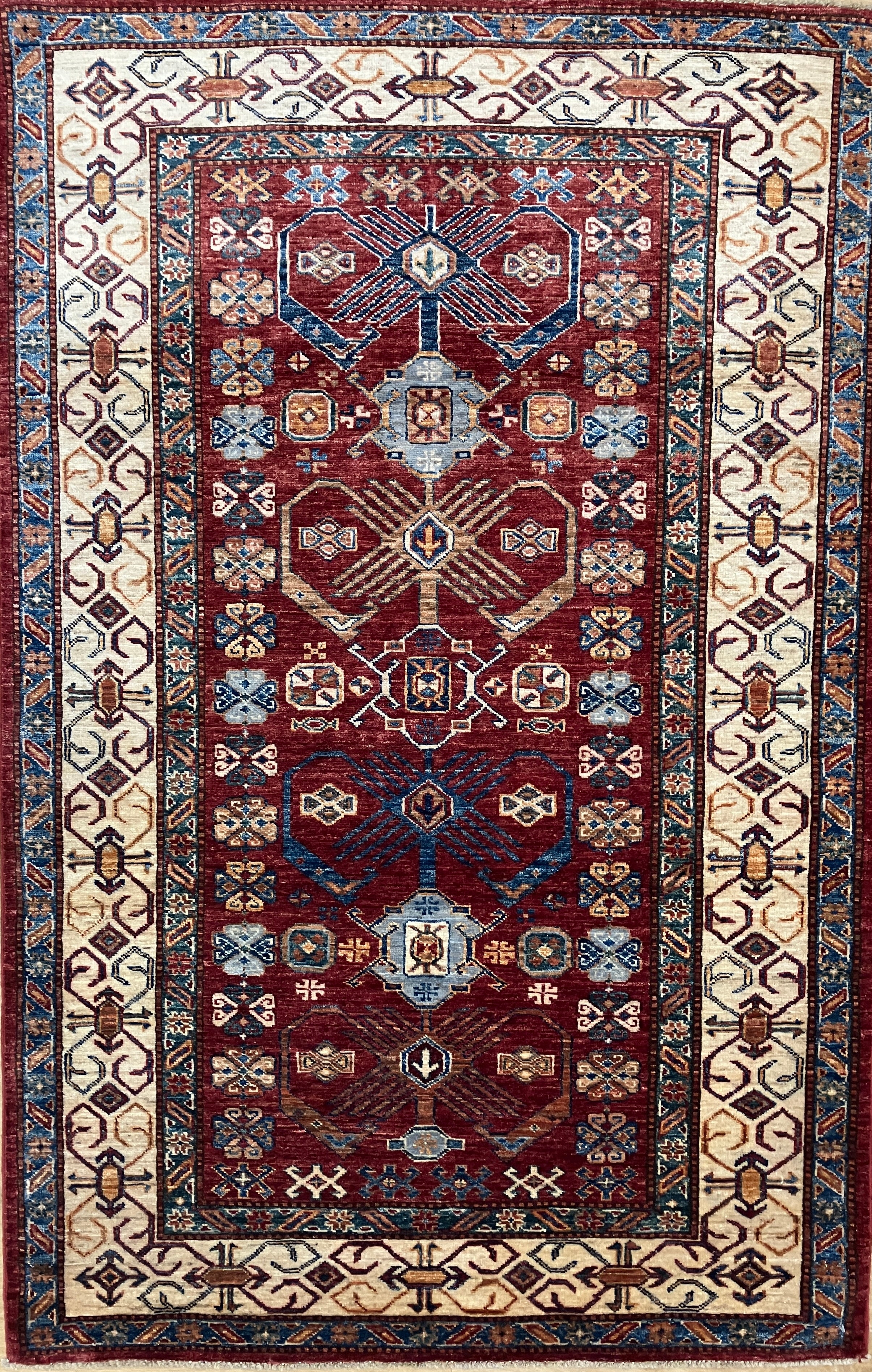 Super Kazak - 4' 00" x 6' 02" - Red Multicolor - Hand Knotted Wool Traditional Classic Kazak Rug