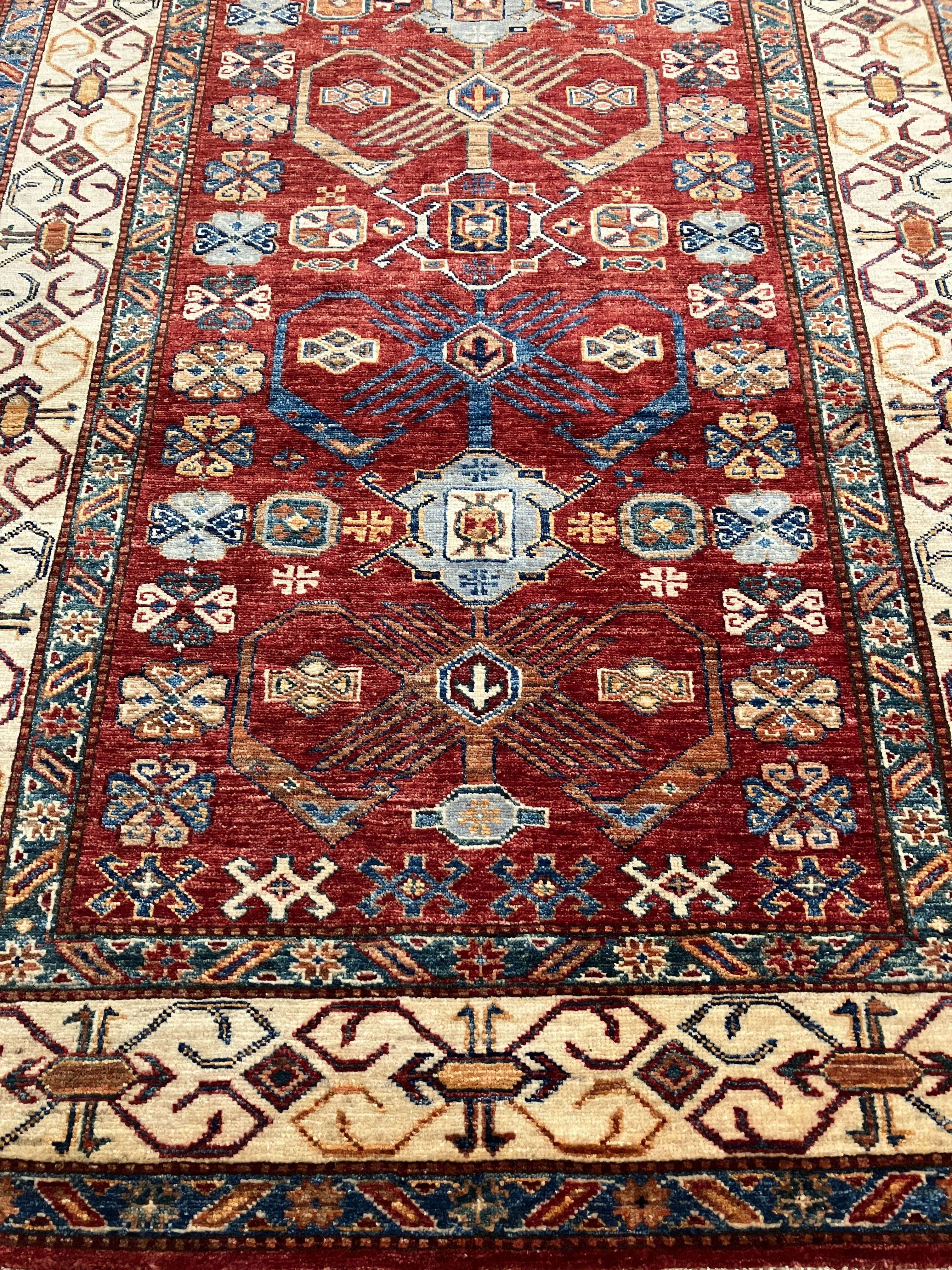 Super Kazak - 4' 00" x 6' 02" - Red Multicolor - Hand Knotted Wool Traditional Classic Kazak Rug