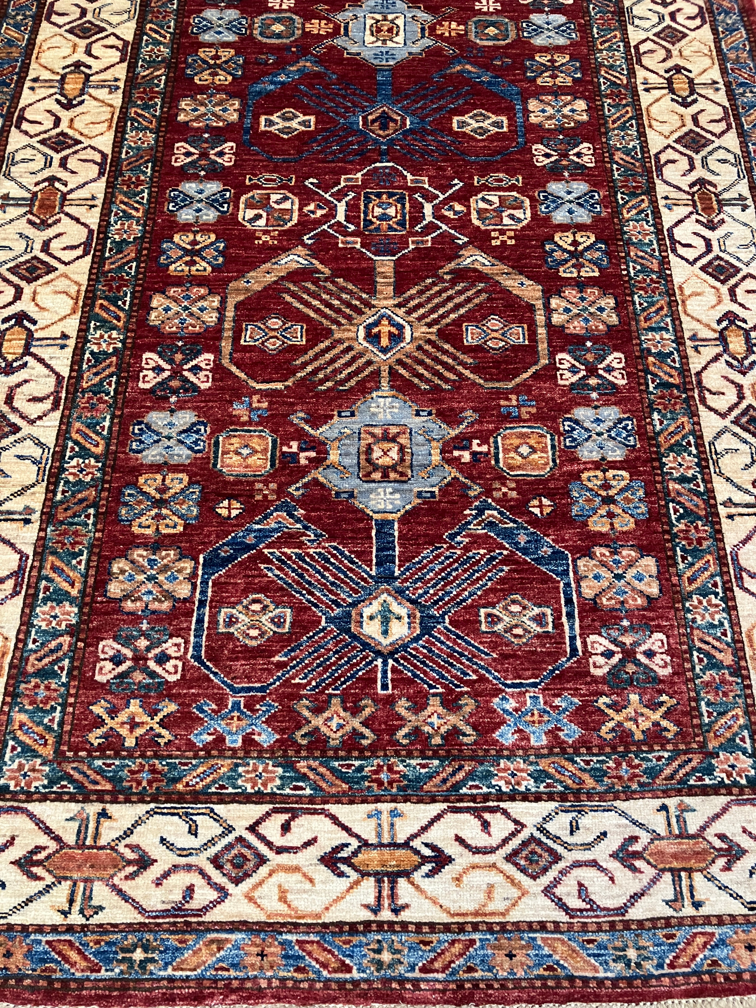 Super Kazak - 4' 00" x 6' 02" - Red Multicolor - Hand Knotted Wool Traditional Classic Kazak Rug