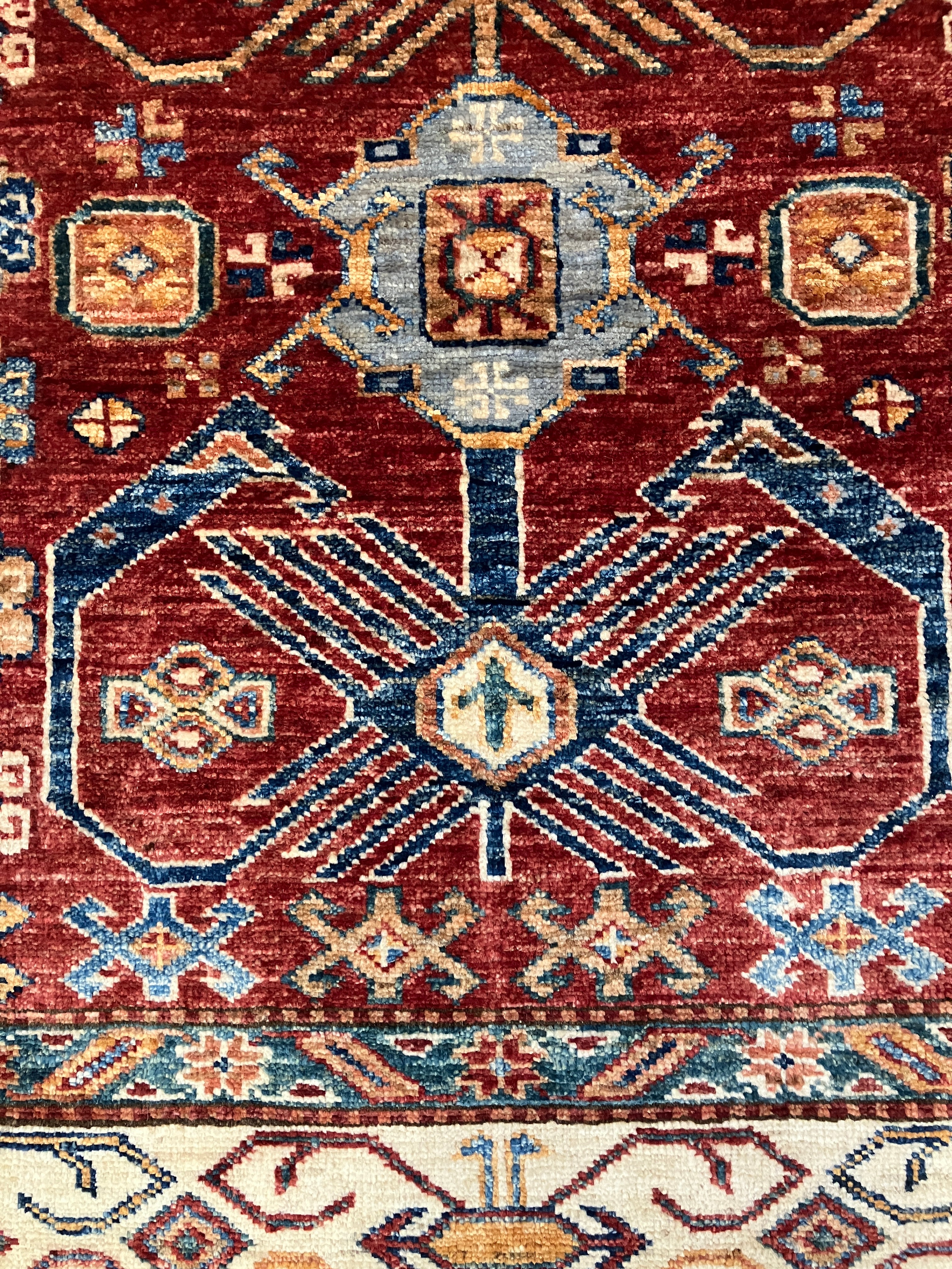 Super Kazak - 4' 00" x 6' 02" - Red Multicolor - Hand Knotted Wool Traditional Classic Kazak Rug