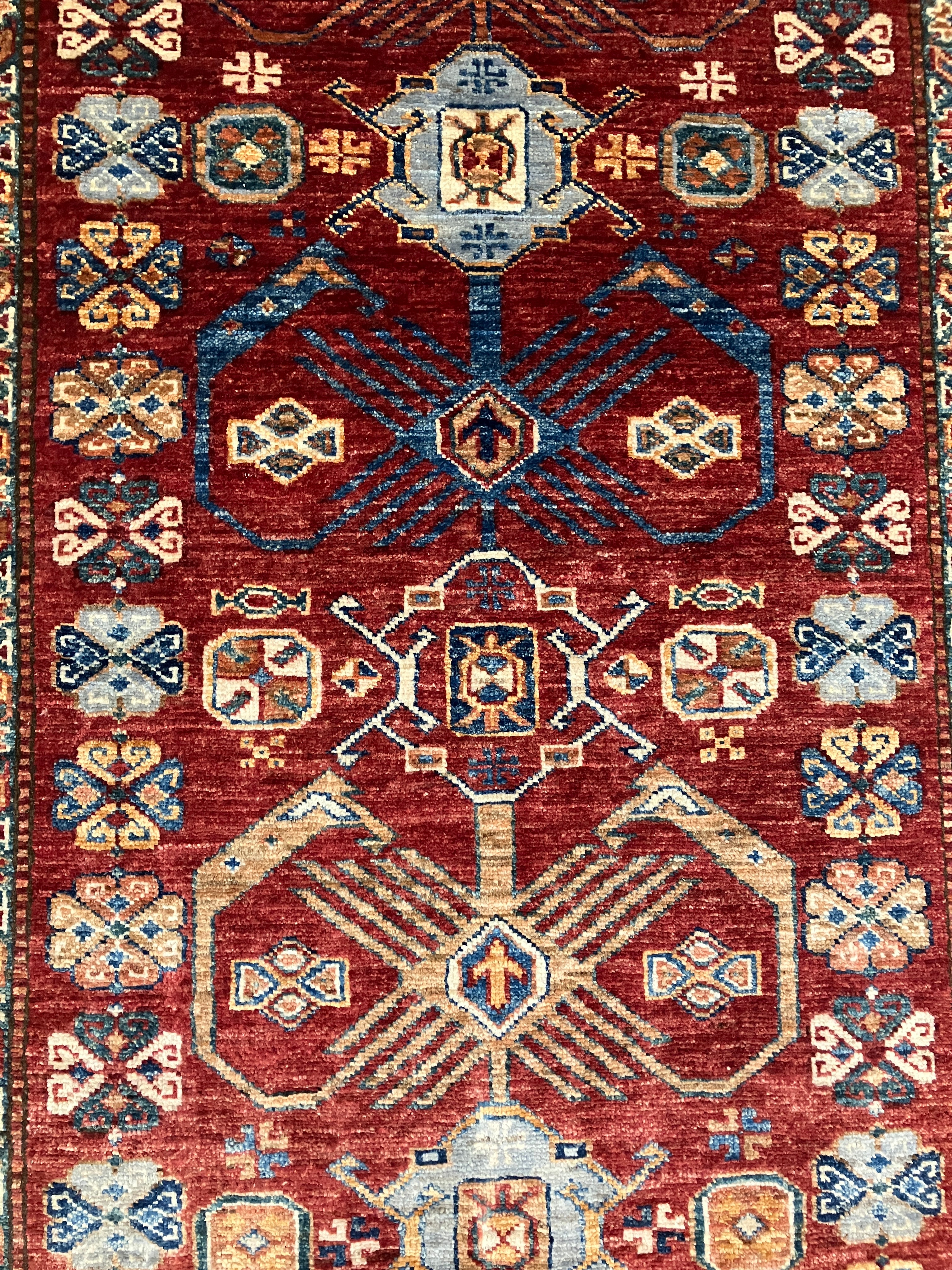 Super Kazak - 4' 00" x 6' 02" - Red Multicolor - Hand Knotted Wool Traditional Classic Kazak Rug