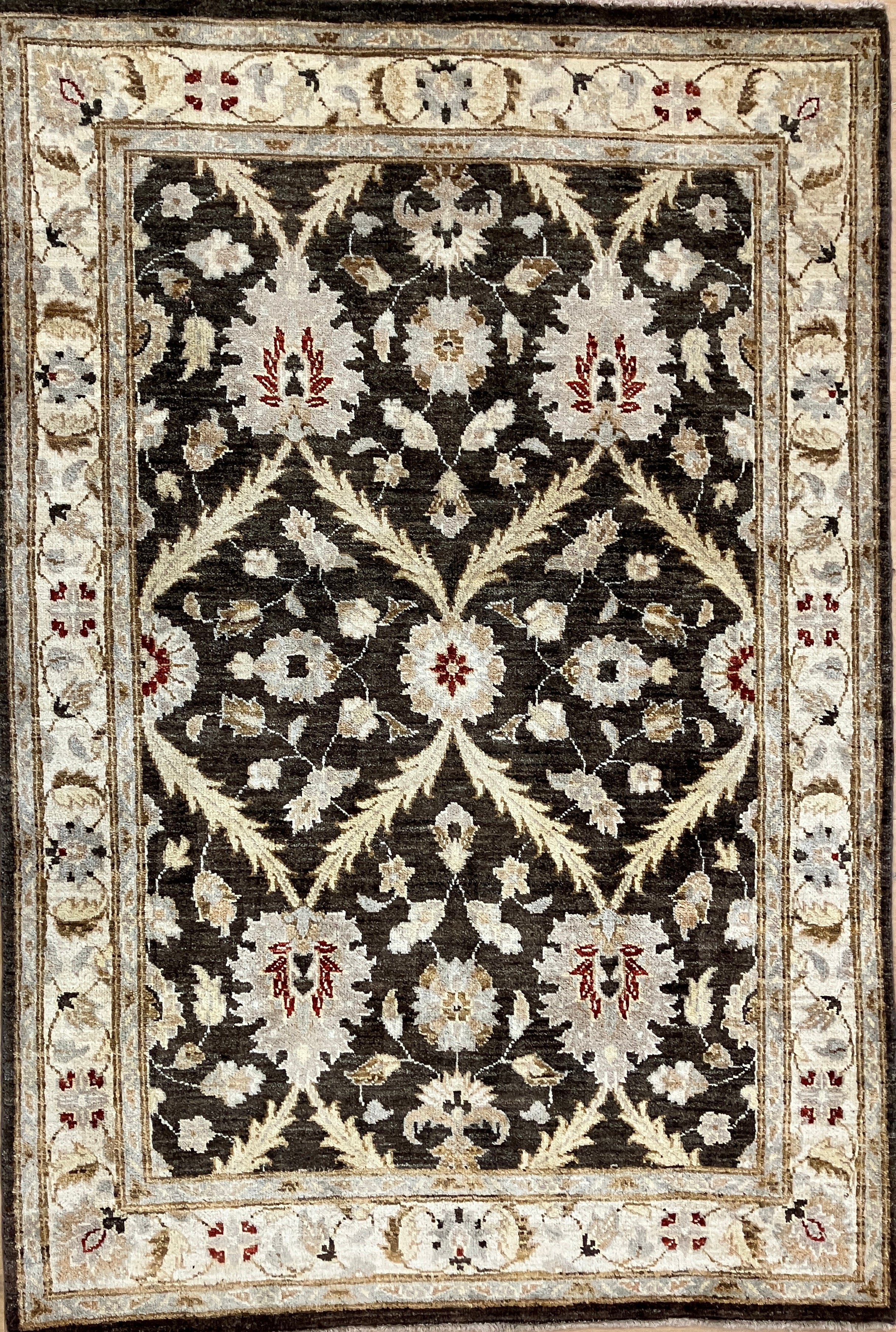 Fine Peshawar - 4' 02" x 6' 01" - Brown Ivory Red Grey - Hand Knotted Fine Peshawar Rug - Traditional Classic Rug
