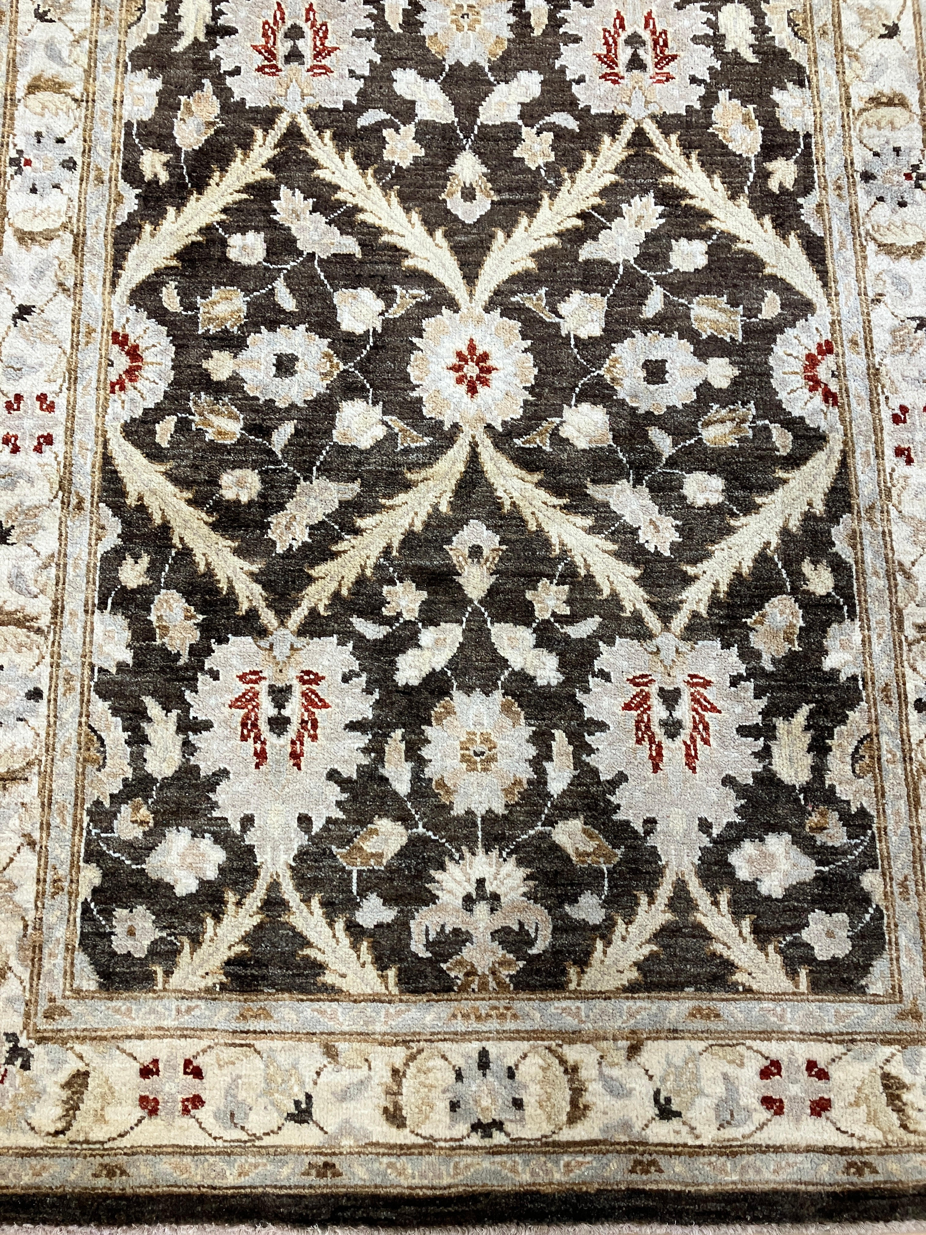 Fine Peshawar - 4' 02" x 6' 01" - Brown Ivory Red Grey - Hand Knotted Fine Peshawar Rug - Traditional Classic Rug