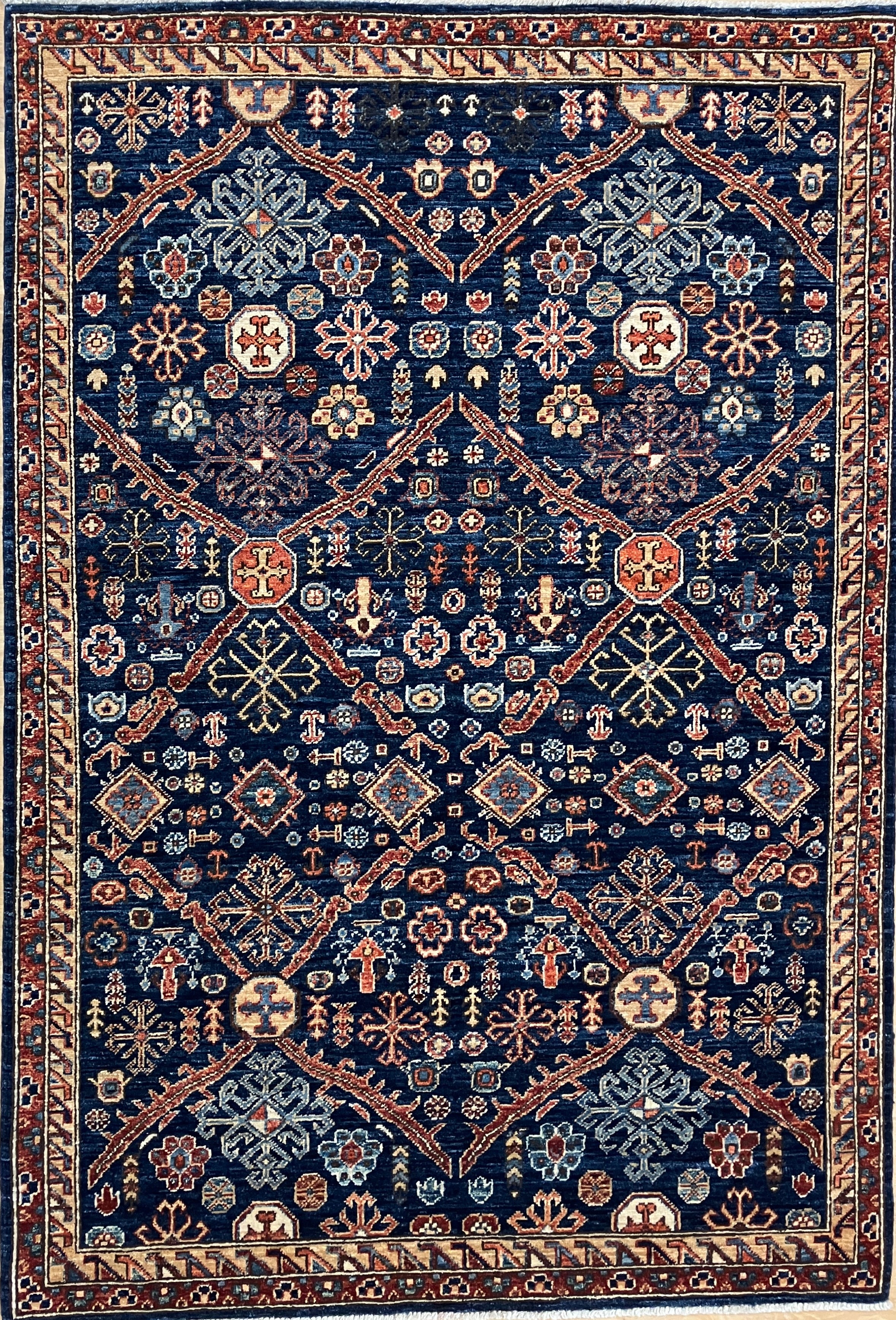 Aryana - 4' 02" x 6' 00" - Navy Blue & Rust  - Hand Knotted Aryana Rug - Traditional Classic Rug