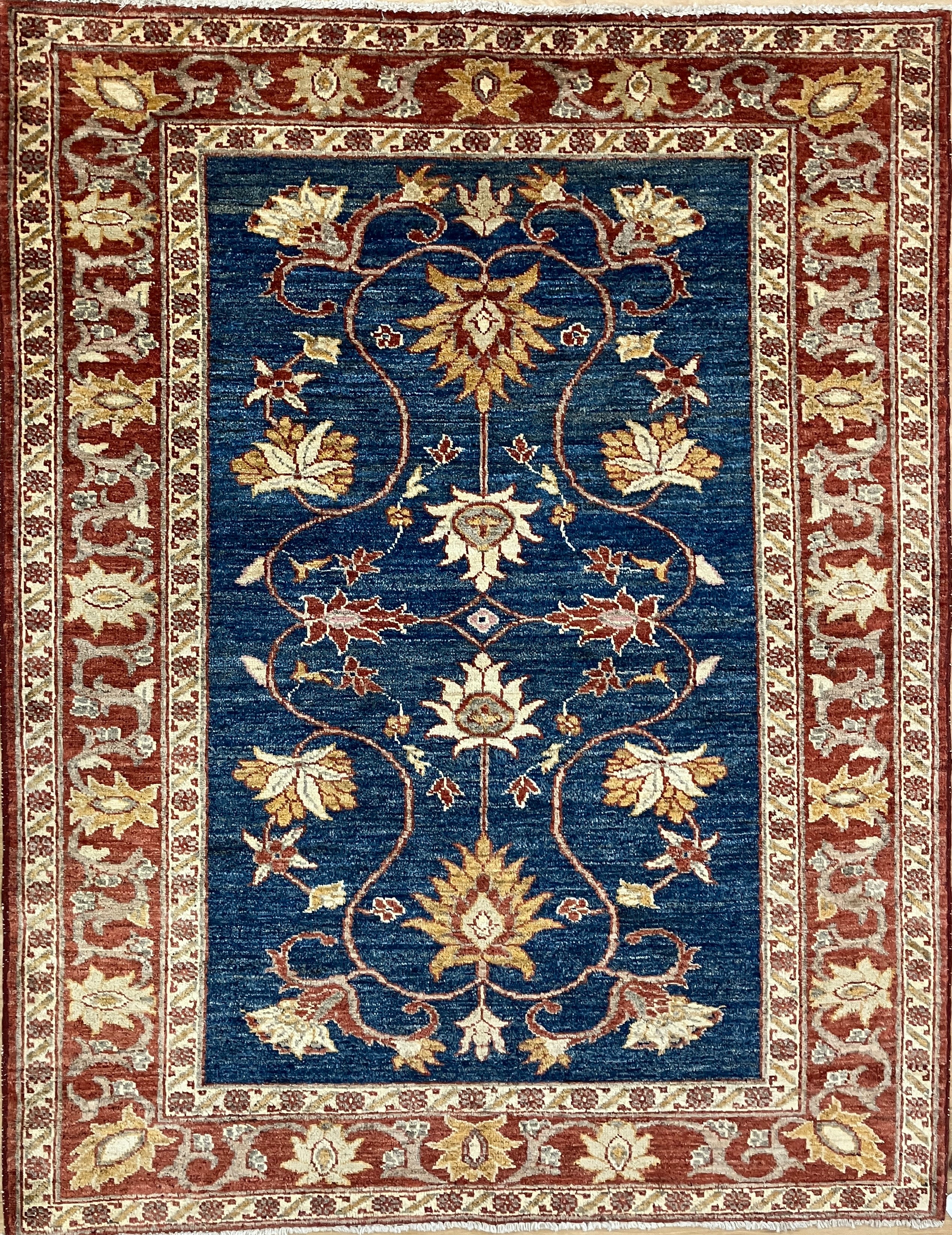 Aryana - 4' 01" x 5' 03" - Blue & Rust - Hand Knotted Floral Aryana Traditional Classic Rug