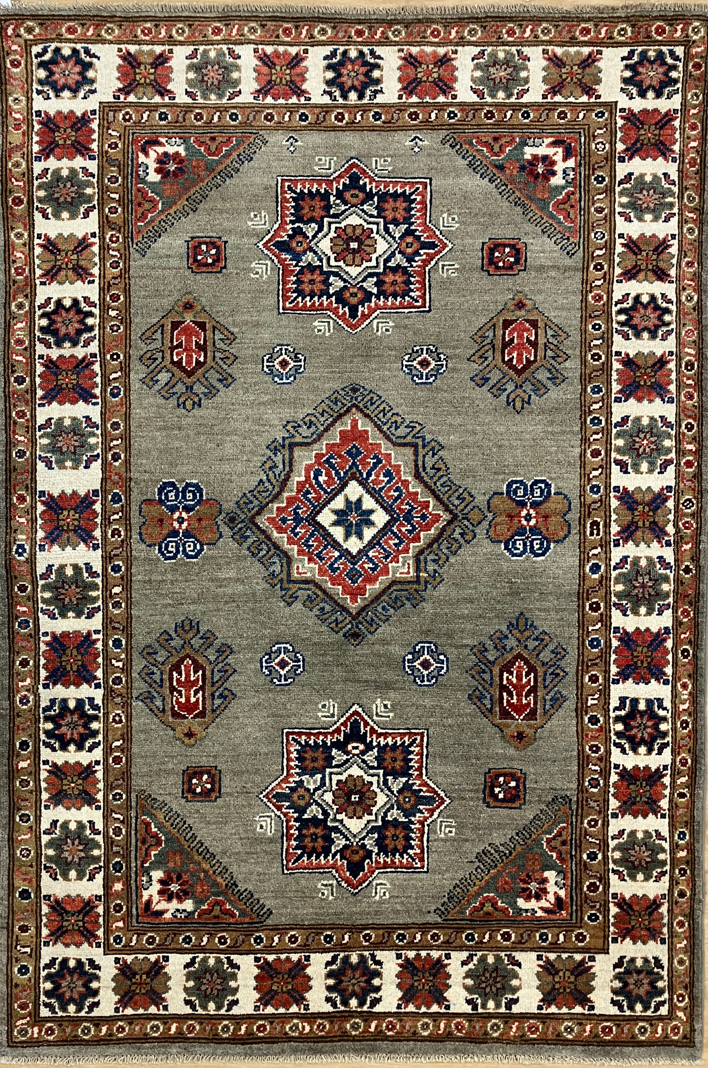 Fine Kazak - 4' 00" x 5' 09" - Grey Blue Red Ivory Brown - Hand Knotted Wool Traditional Classic Kazak Rug