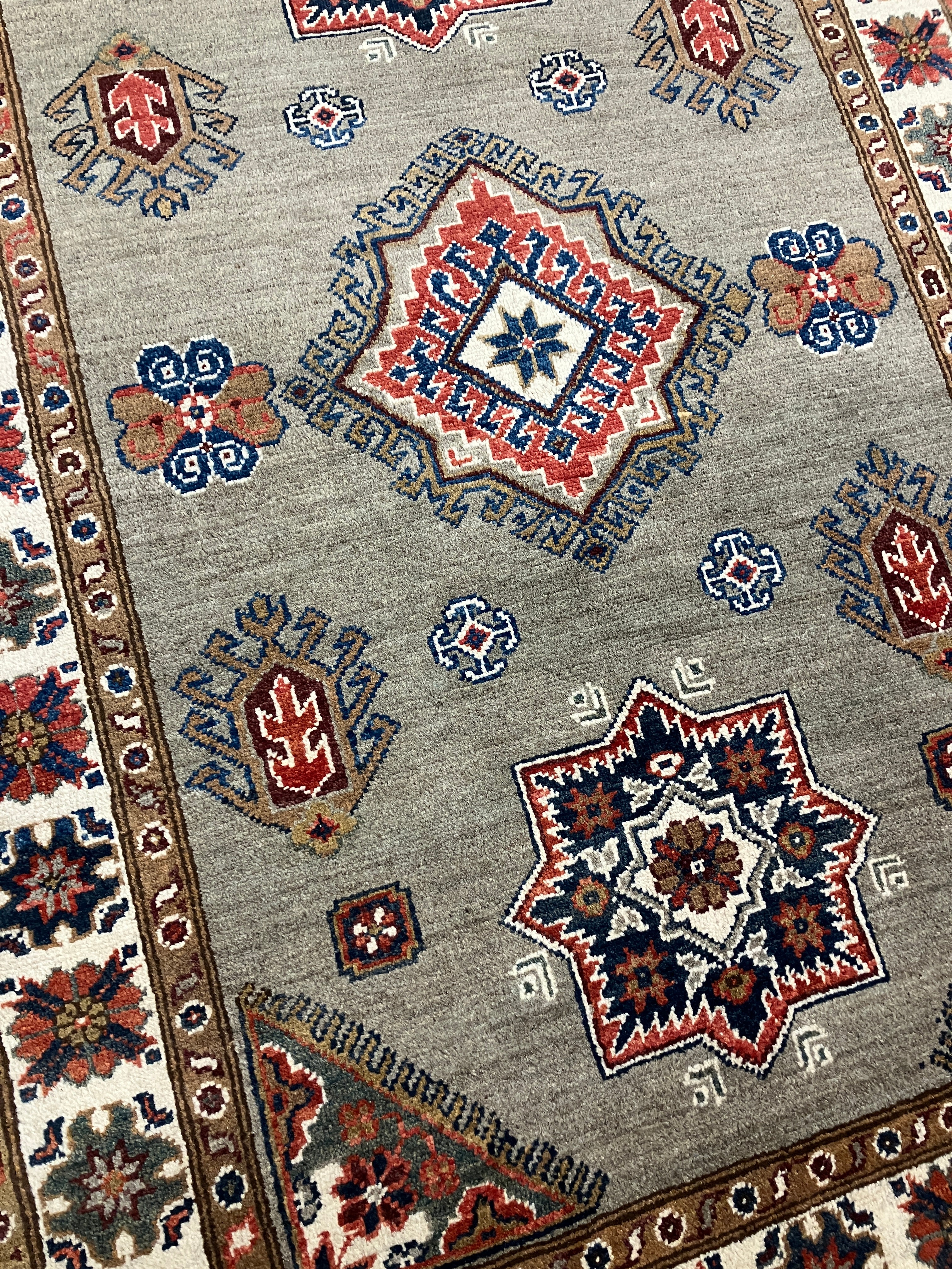 Fine Kazak - 4' 00" x 5' 09" - Grey Blue Red Ivory Brown - Hand Knotted Wool Traditional Classic Kazak Rug
