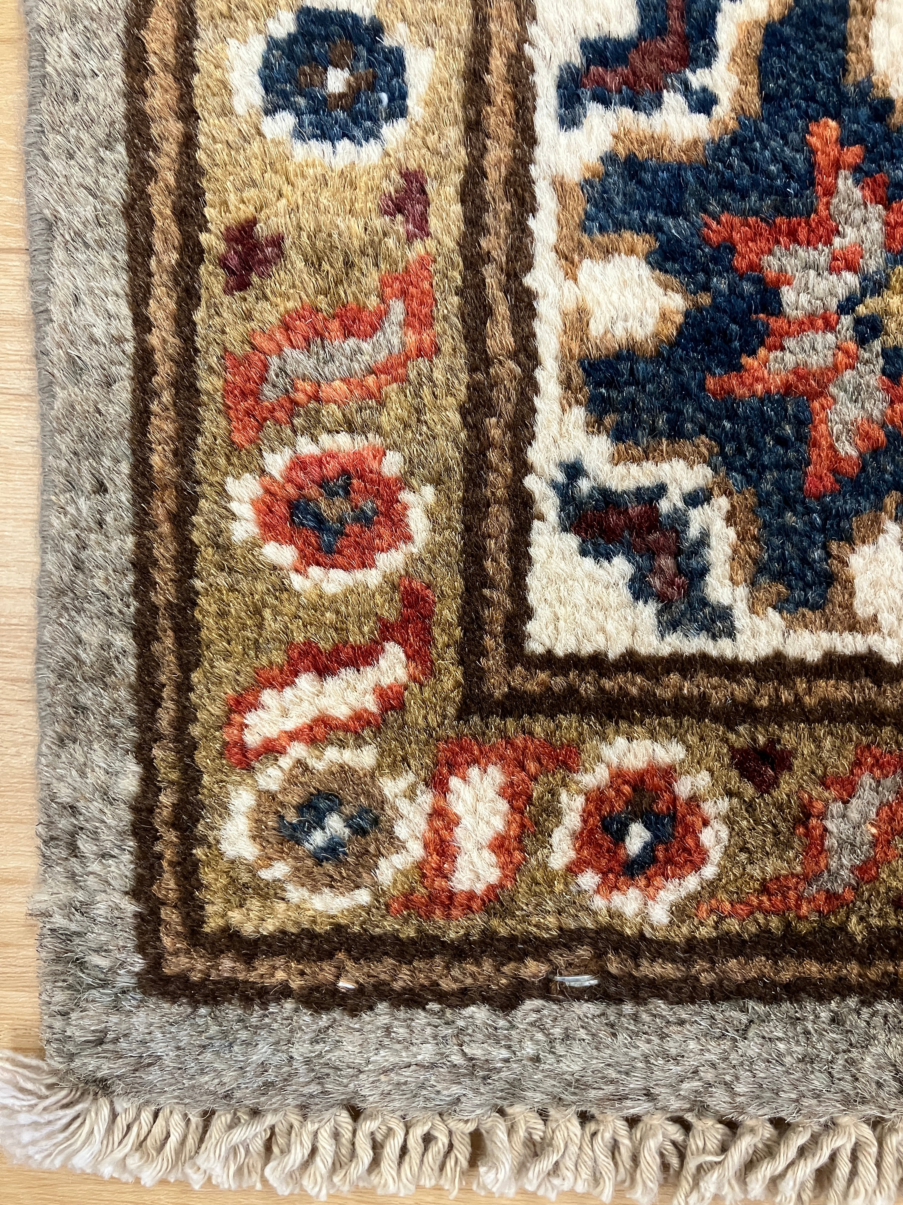 Fine Kazak - 4' 00" x 5' 09" - Grey Blue Red Ivory Brown - Hand Knotted Wool Traditional Classic Kazak Rug