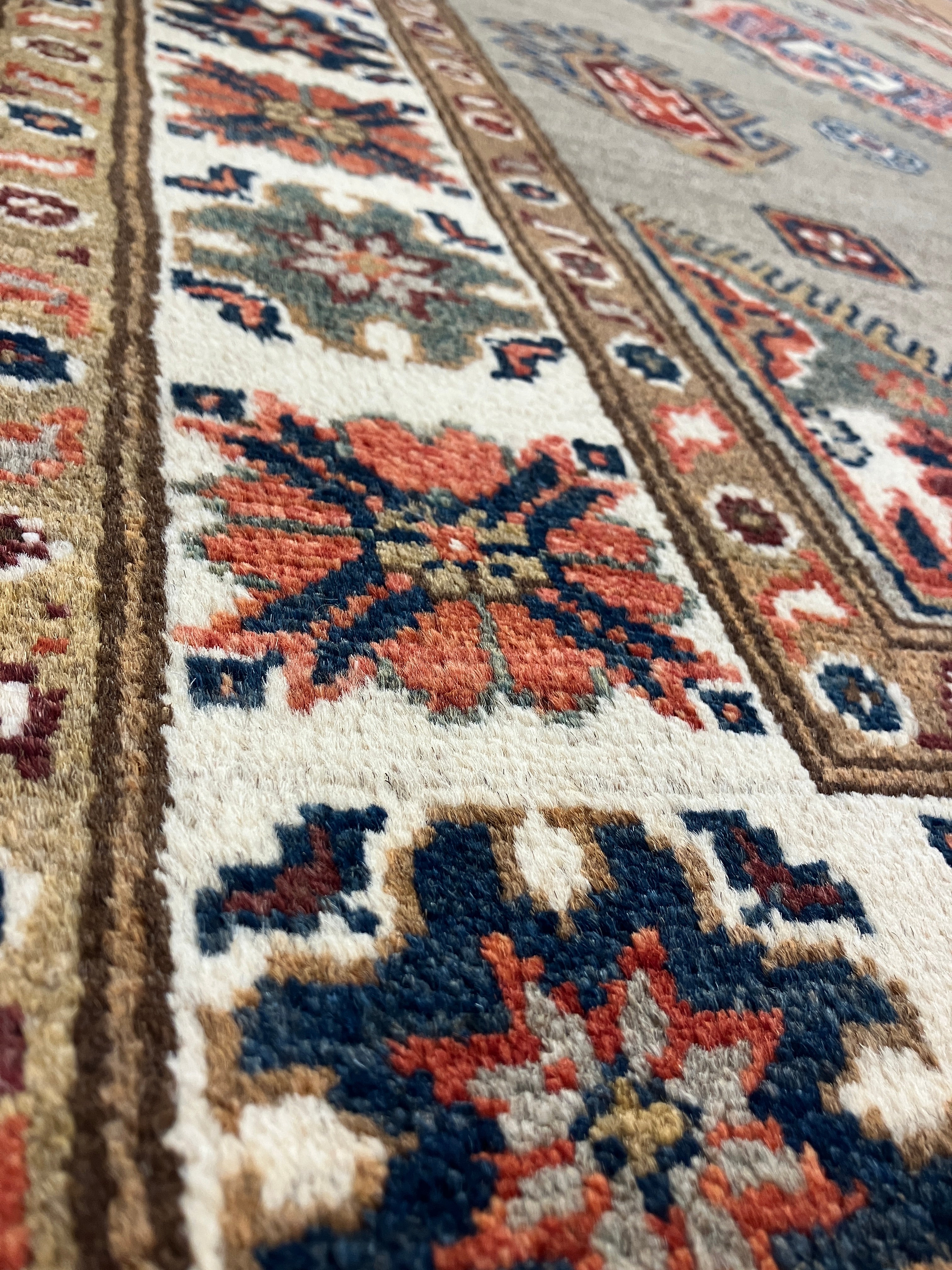 Fine Kazak - 4' 00" x 5' 09" - Grey Blue Red Ivory Brown - Hand Knotted Wool Traditional Classic Kazak Rug