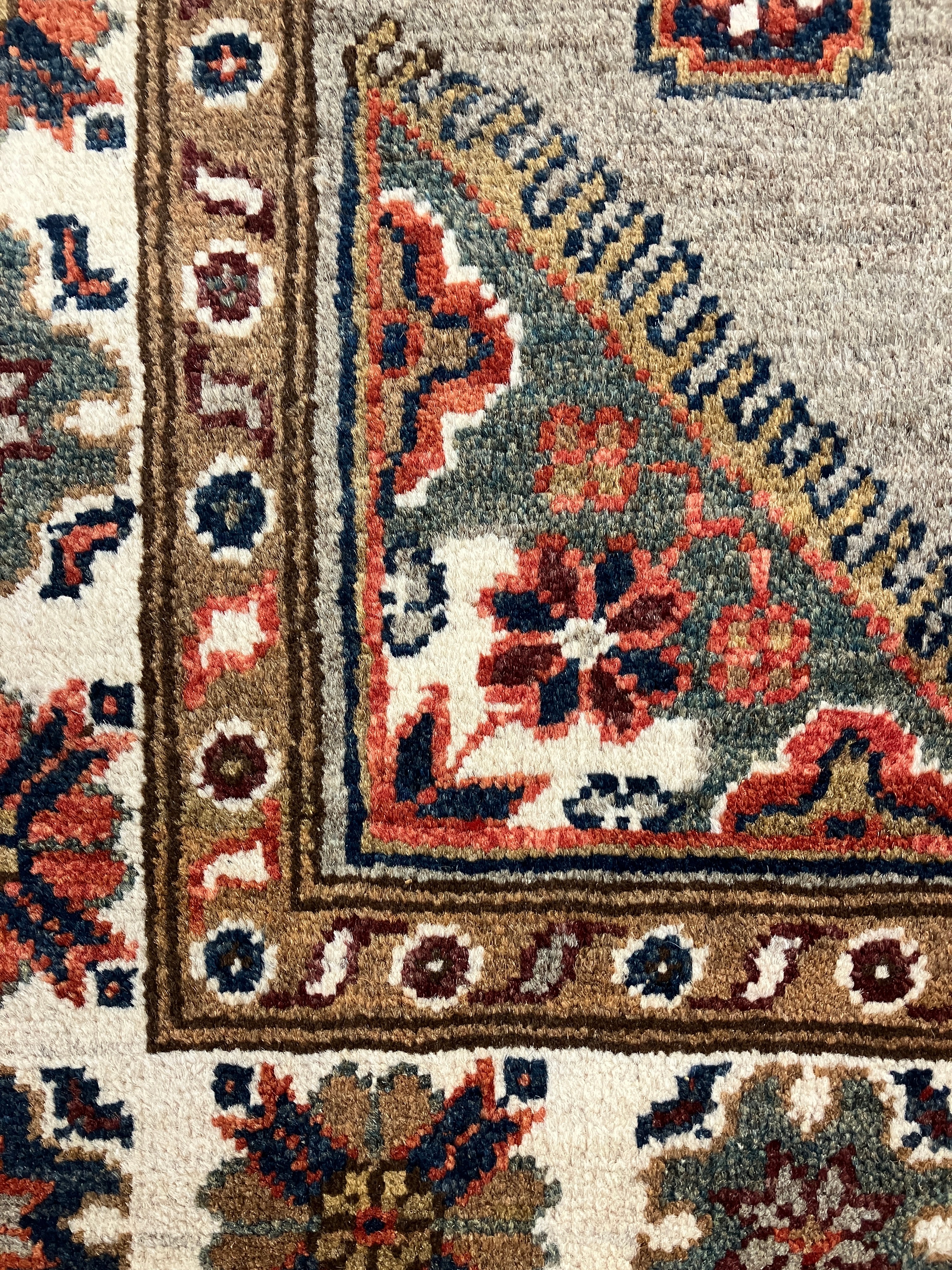 Fine Kazak - 4' 00" x 5' 09" - Grey Blue Red Ivory Brown - Hand Knotted Wool Traditional Classic Kazak Rug