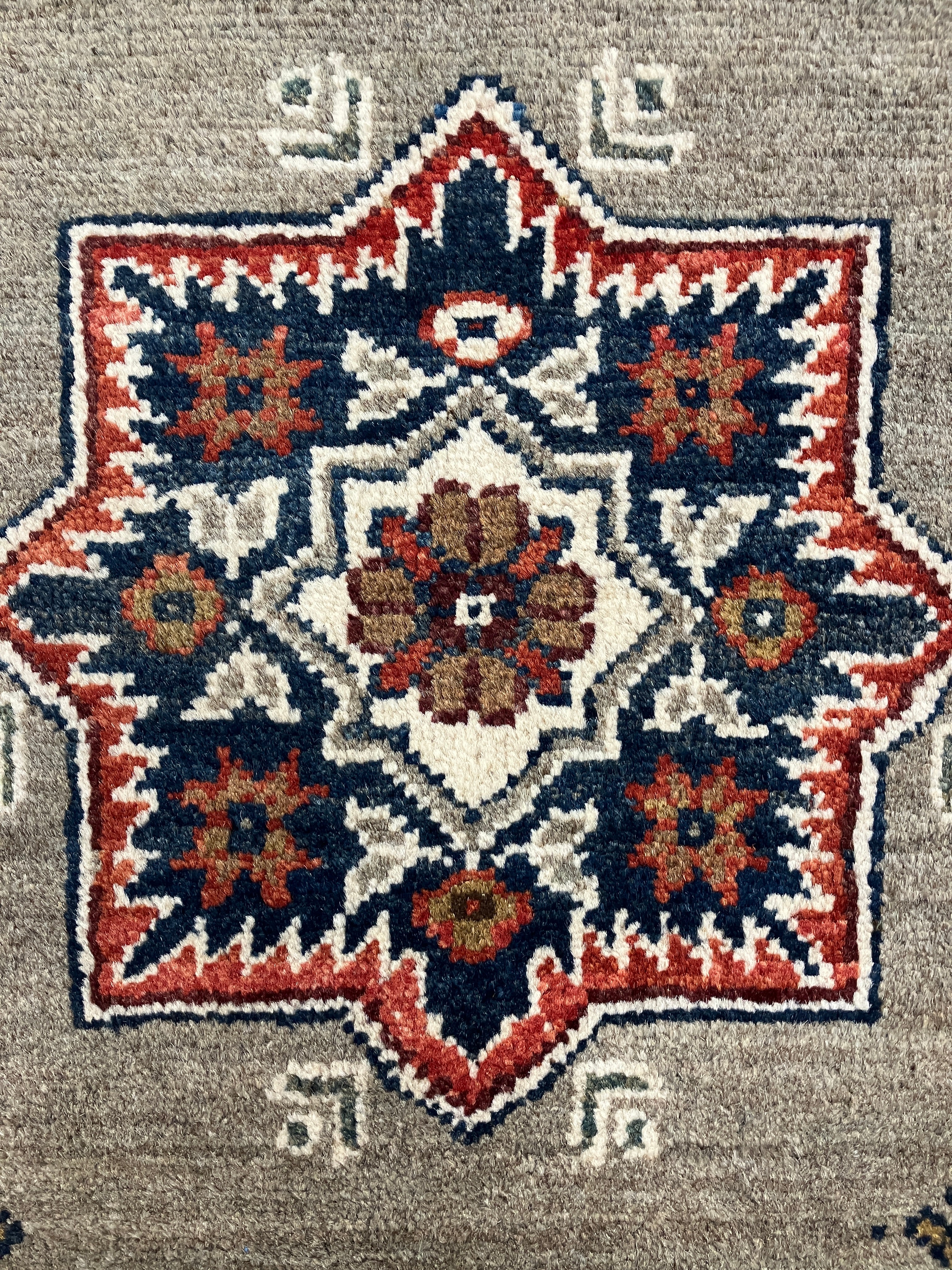 Fine Kazak - 4' 00" x 5' 09" - Grey Blue Red Ivory Brown - Hand Knotted Wool Traditional Classic Kazak Rug