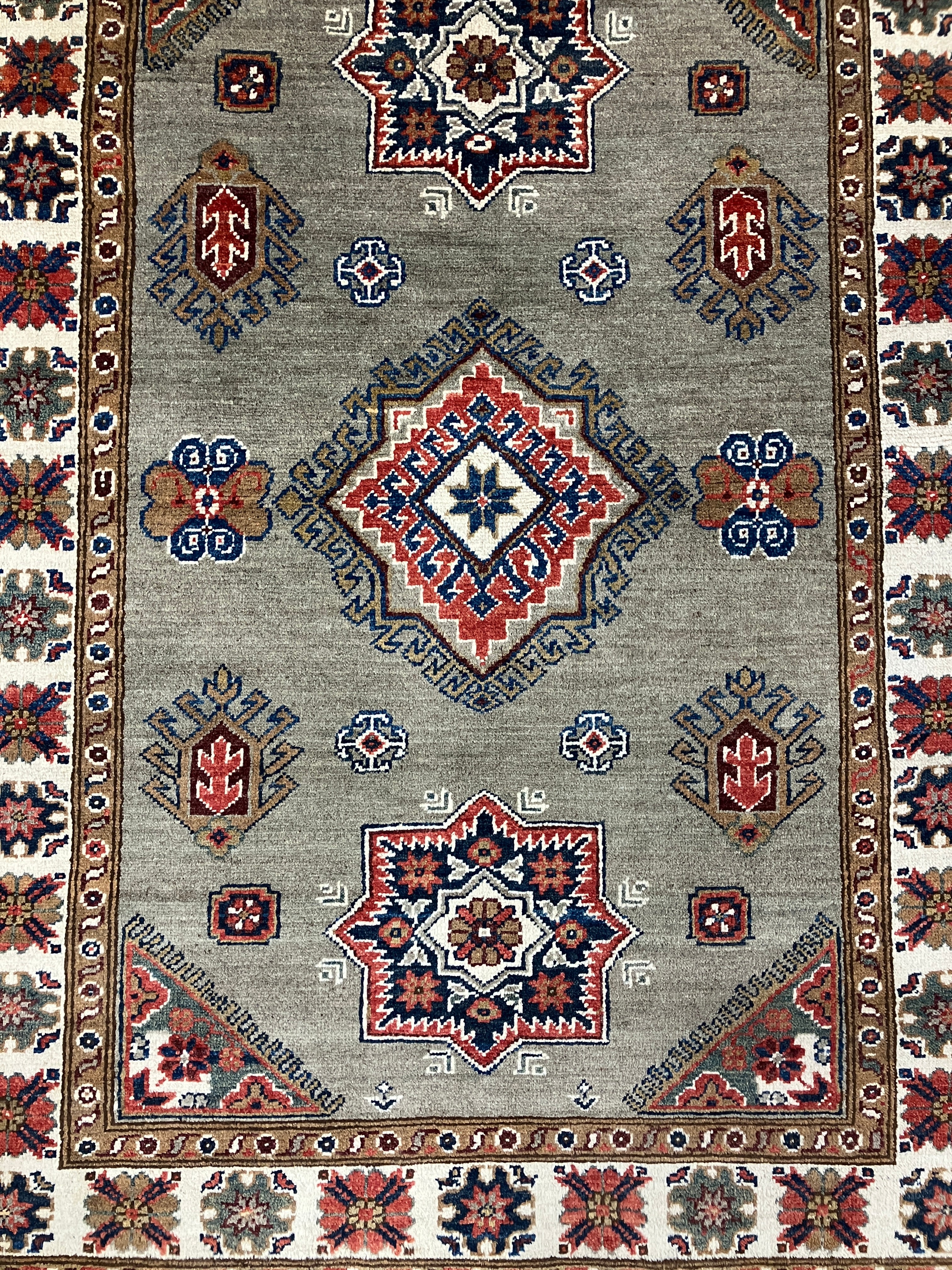 Fine Kazak - 4' 00" x 5' 09" - Grey Blue Red Ivory Brown - Hand Knotted Wool Traditional Classic Kazak Rug