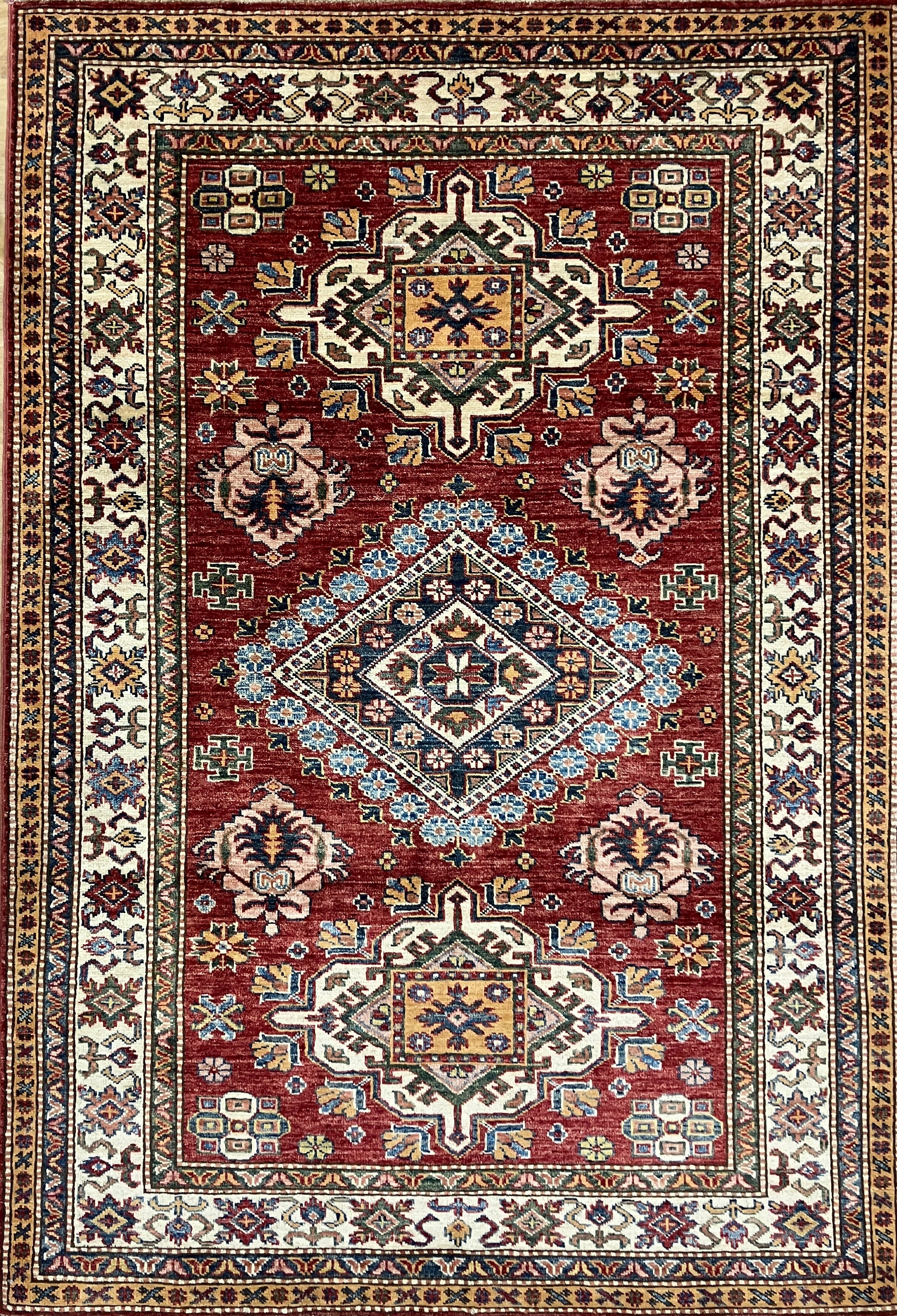 Super Kazak - 4' 00" x 5' 10" - Red Multicolor - Hand Knotted Wool Traditional Classic Super Kazak Rug