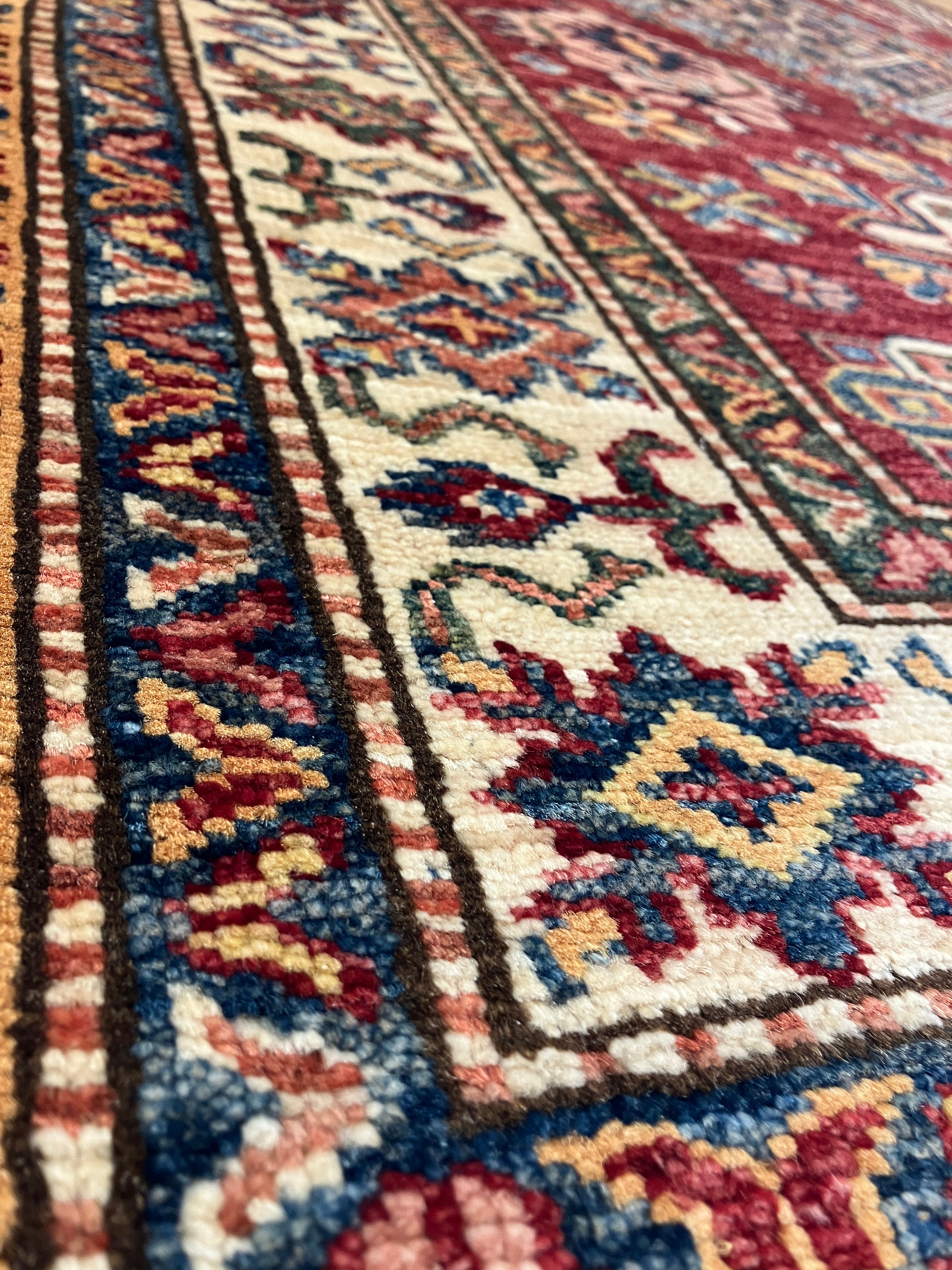 Super Kazak - 4' 00" x 5' 10" - Red Multicolor - Hand Knotted Wool Traditional Classic Super Kazak Rug