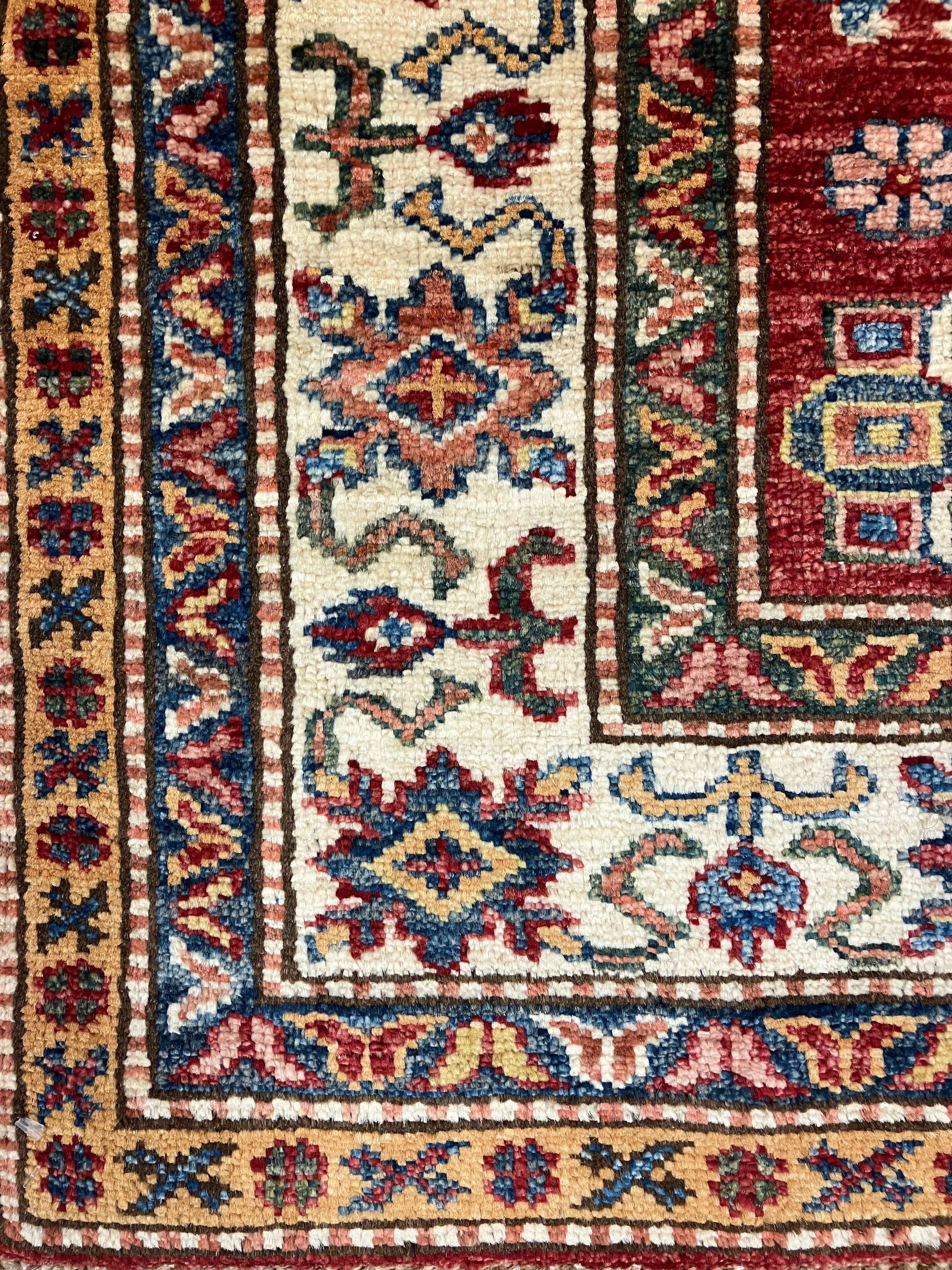 Super Kazak - 4' 00" x 5' 10" - Red Multicolor - Hand Knotted Wool Traditional Classic Super Kazak Rug