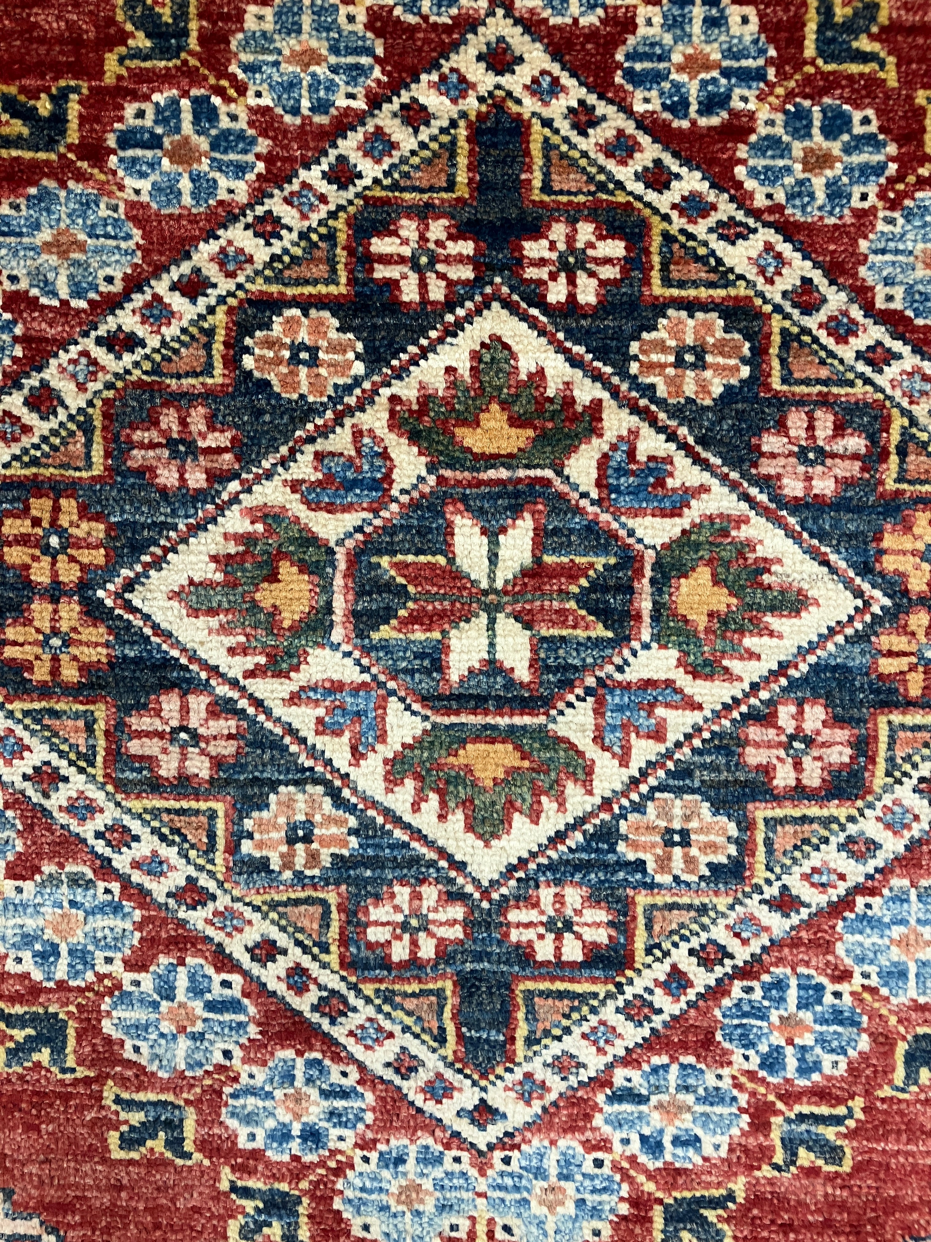 Super Kazak - 4' 00" x 5' 10" - Red Multicolor - Hand Knotted Wool Traditional Classic Super Kazak Rug