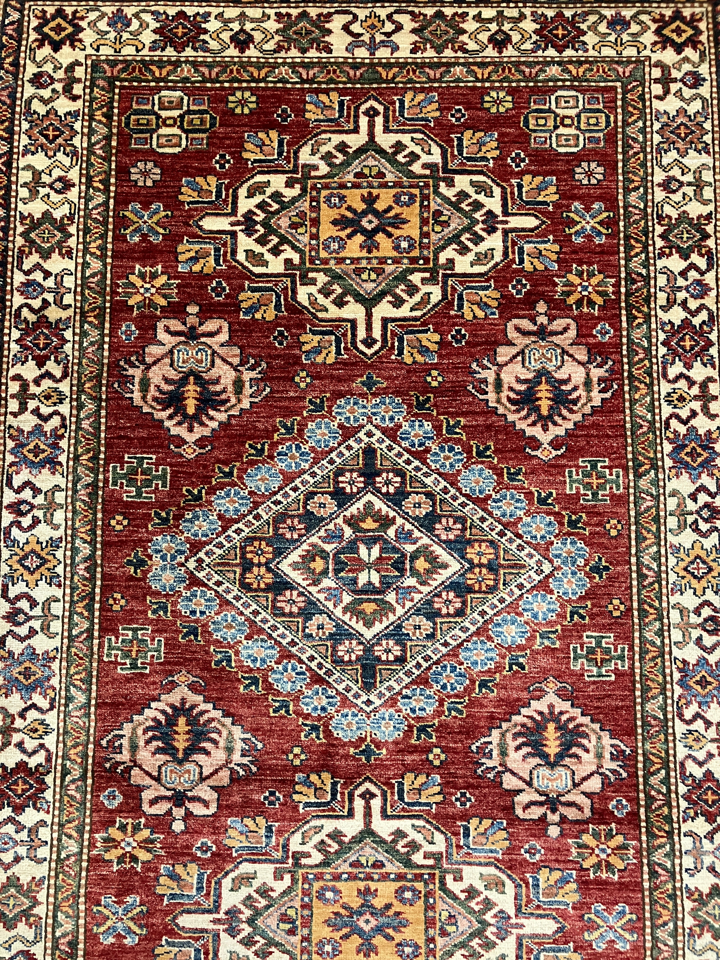 Super Kazak - 4' 00" x 5' 10" - Red Multicolor - Hand Knotted Wool Traditional Classic Super Kazak Rug