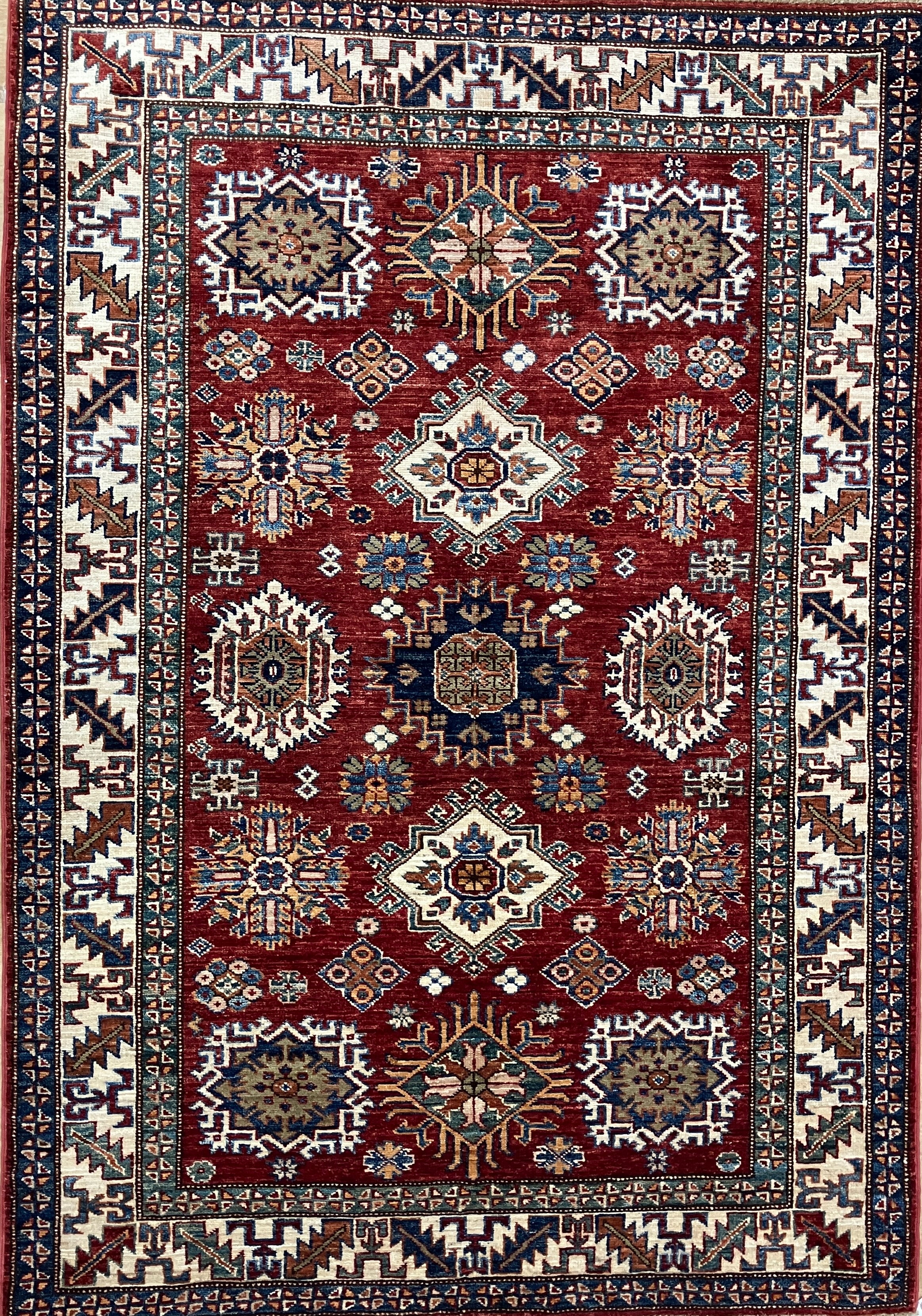 Super Kazak - 4' 00" x 5' 10" - Red Multicolor - Hand Knotted Wool Traditional Classic Super Kazak Rug