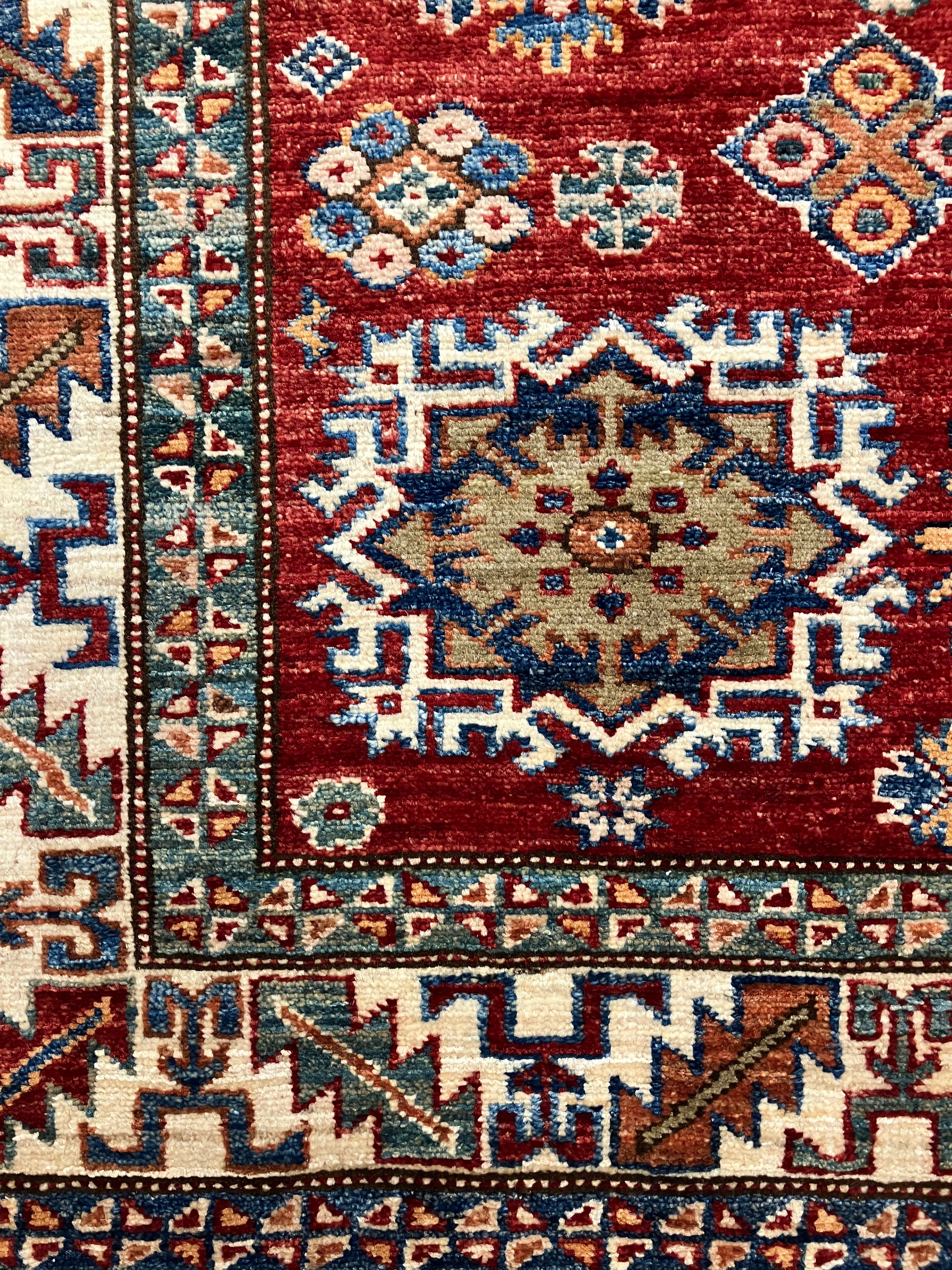 Super Kazak - 4' 00" x 5' 10" - Red Multicolor - Hand Knotted Wool Traditional Classic Super Kazak Rug