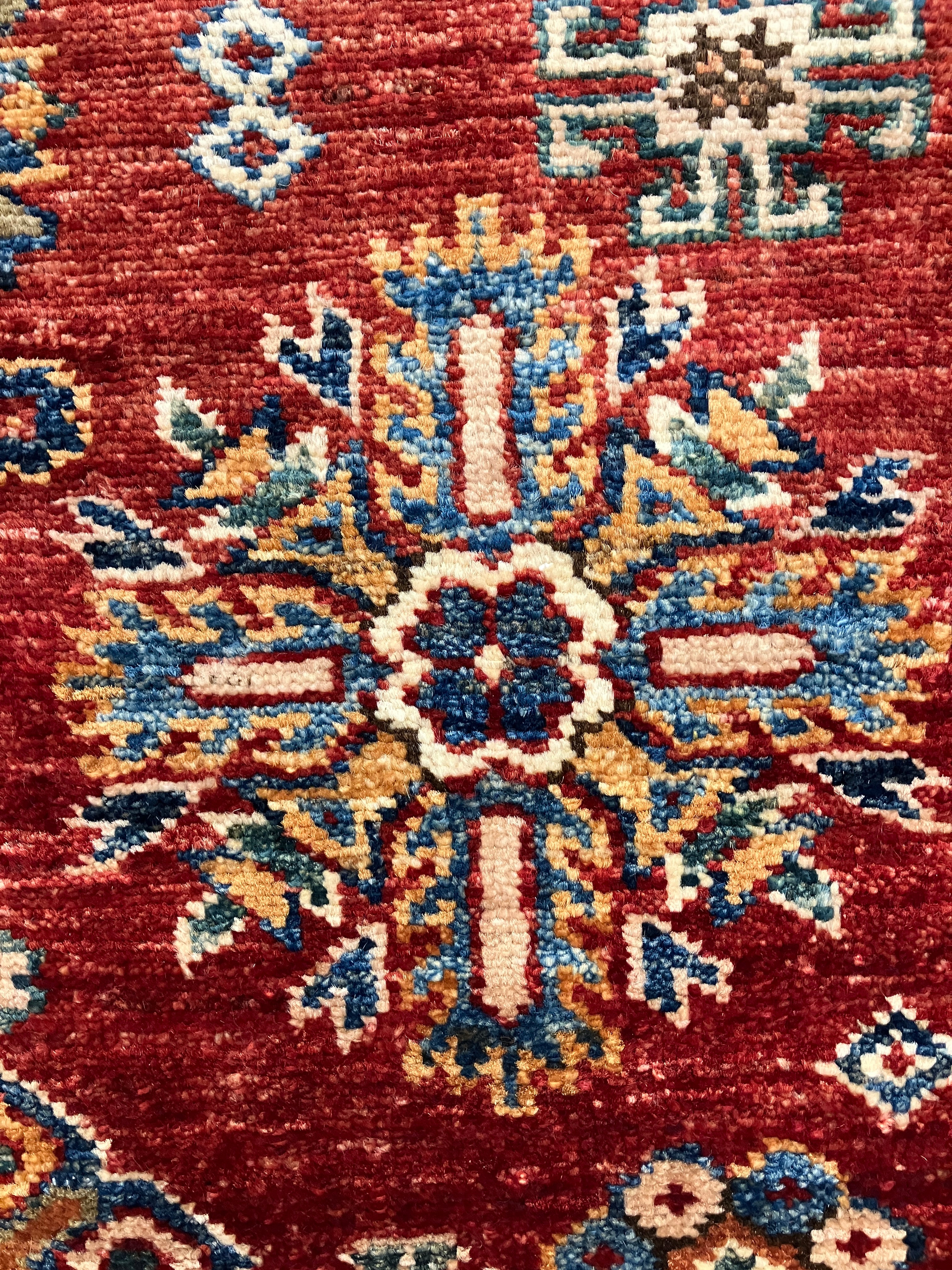Super Kazak - 4' 00" x 5' 10" - Red Multicolor - Hand Knotted Wool Traditional Classic Super Kazak Rug