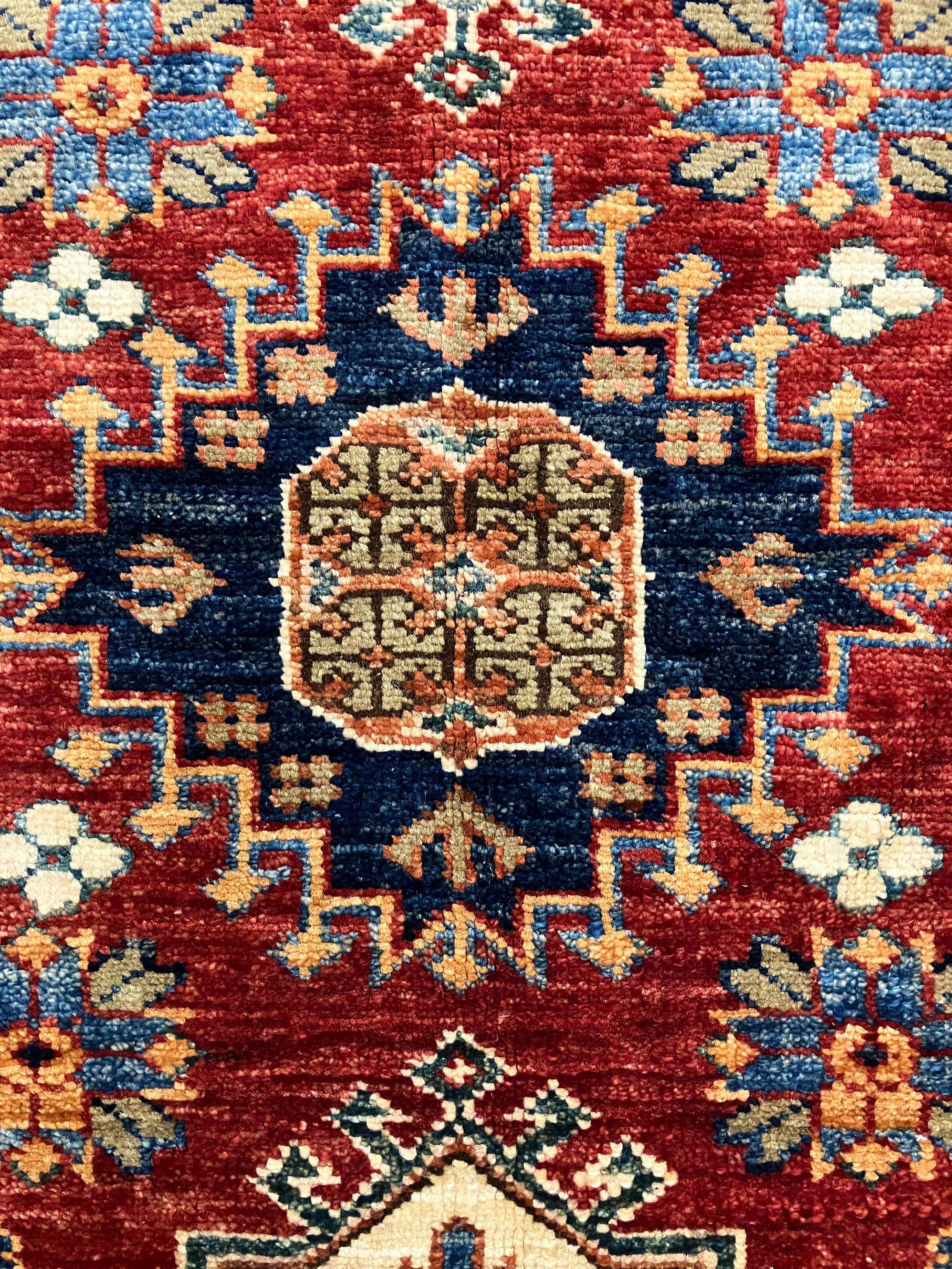 Super Kazak - 4' 00" x 5' 10" - Red Multicolor - Hand Knotted Wool Traditional Classic Super Kazak Rug